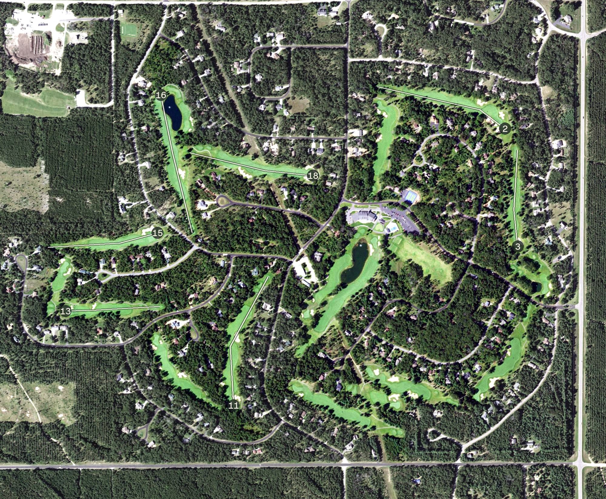 Aerial view of Lake Arrowhead - Pines, WI, with its hole routing marked