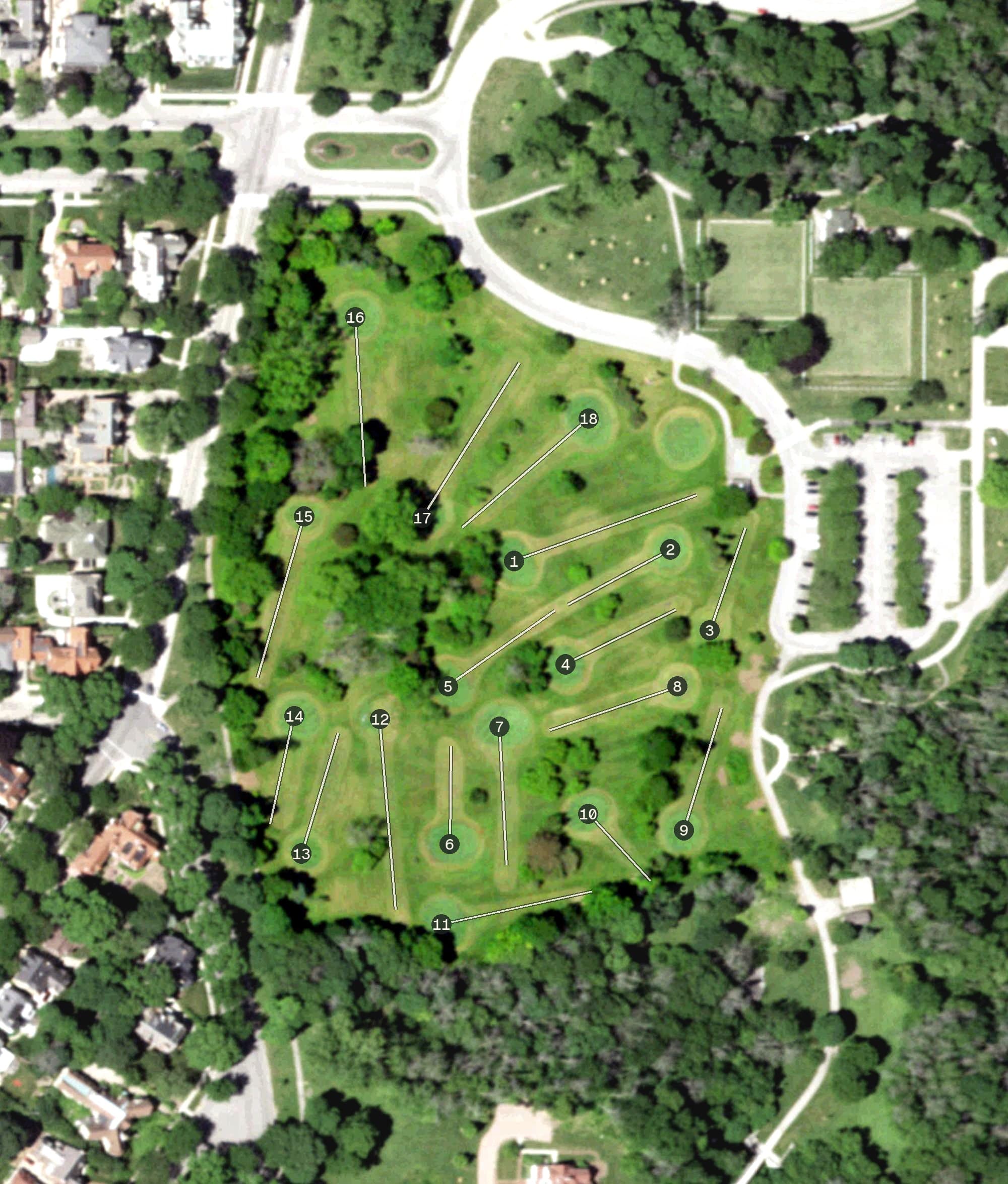 Aerial view of Lake Park Golf Course, WI, with its hole routing marked