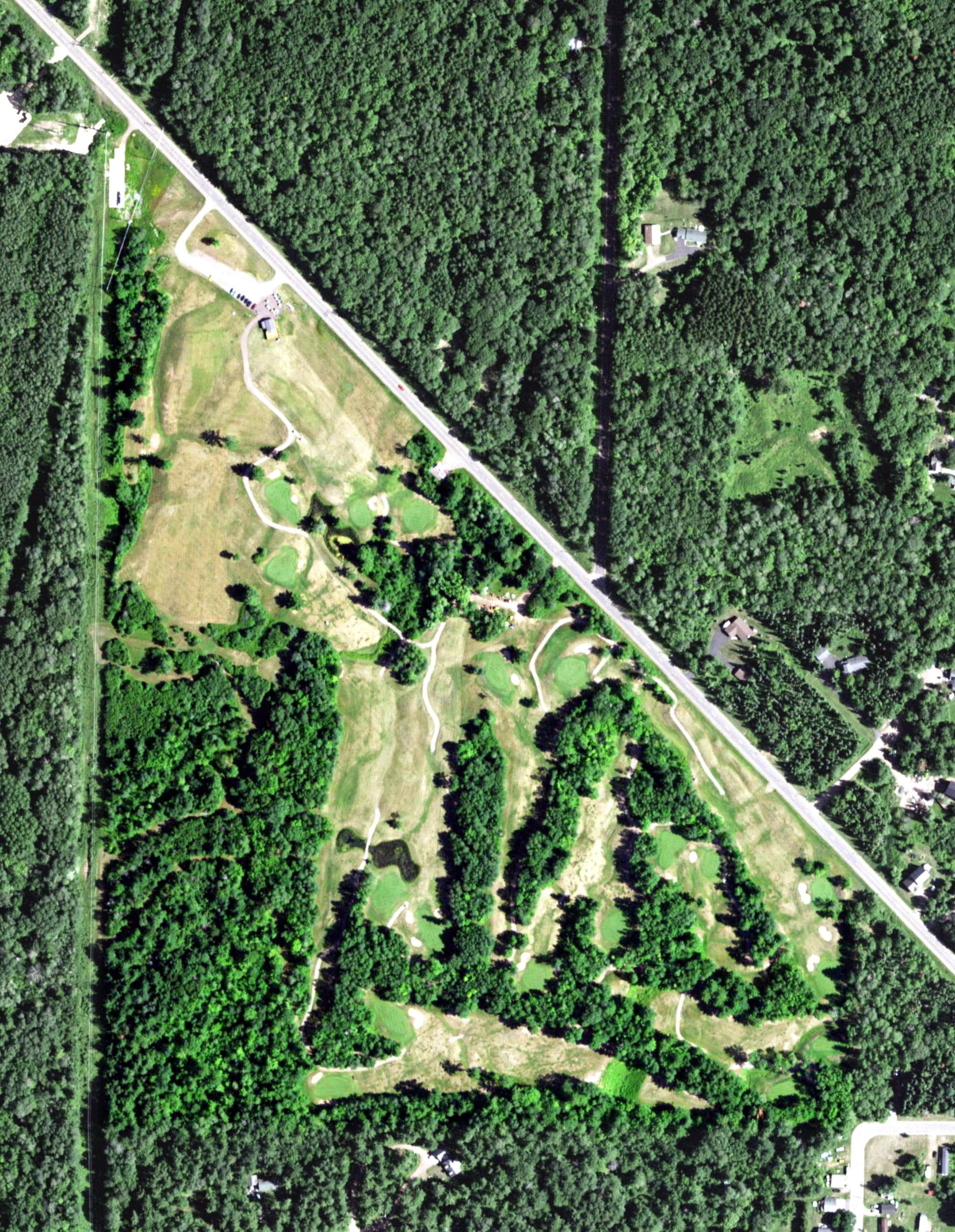Aerial view of Lake Superior View Golf, WI, with its hole routing marked