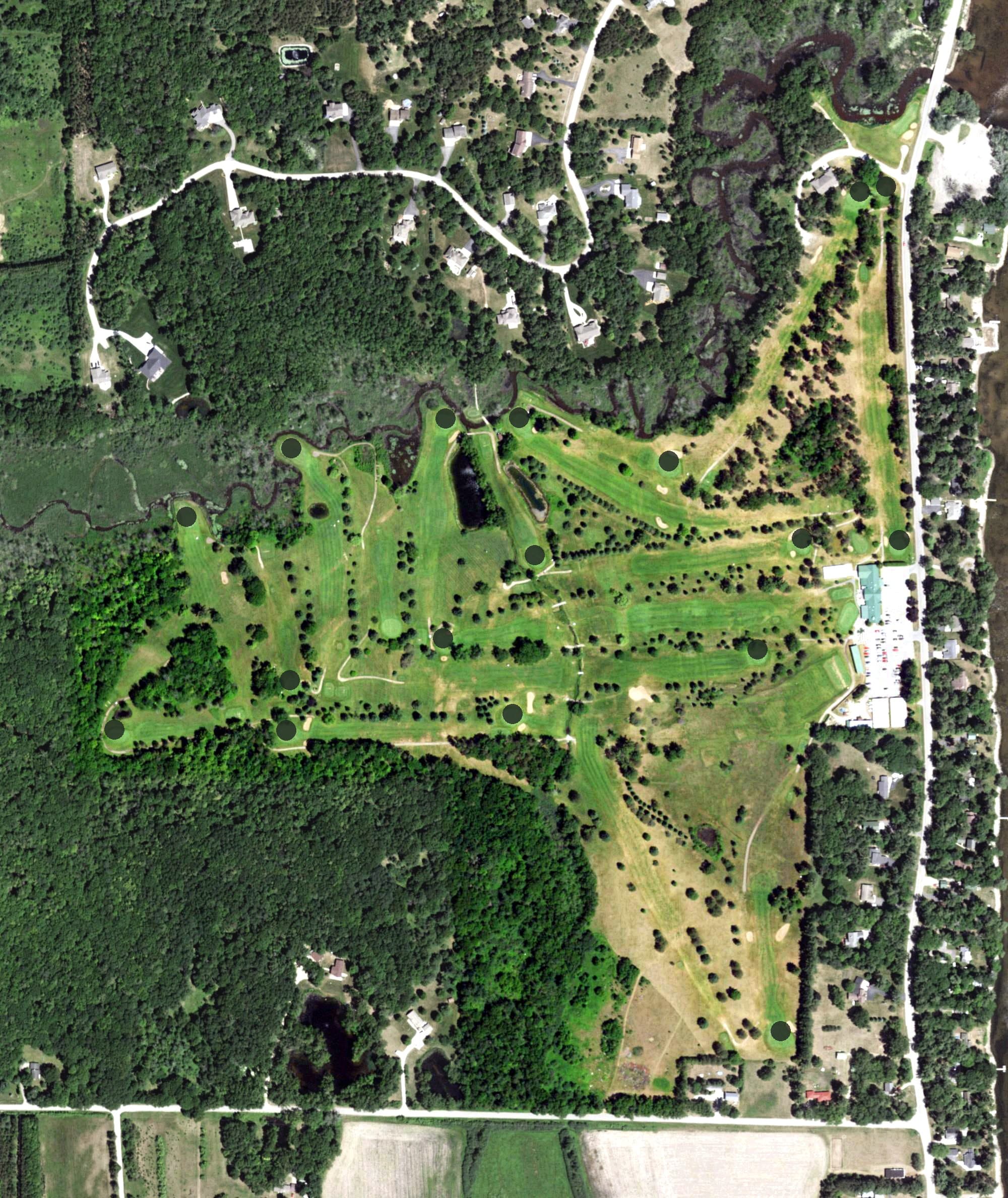 Aerial view of Little River Country Club, WI, with its hole routing marked