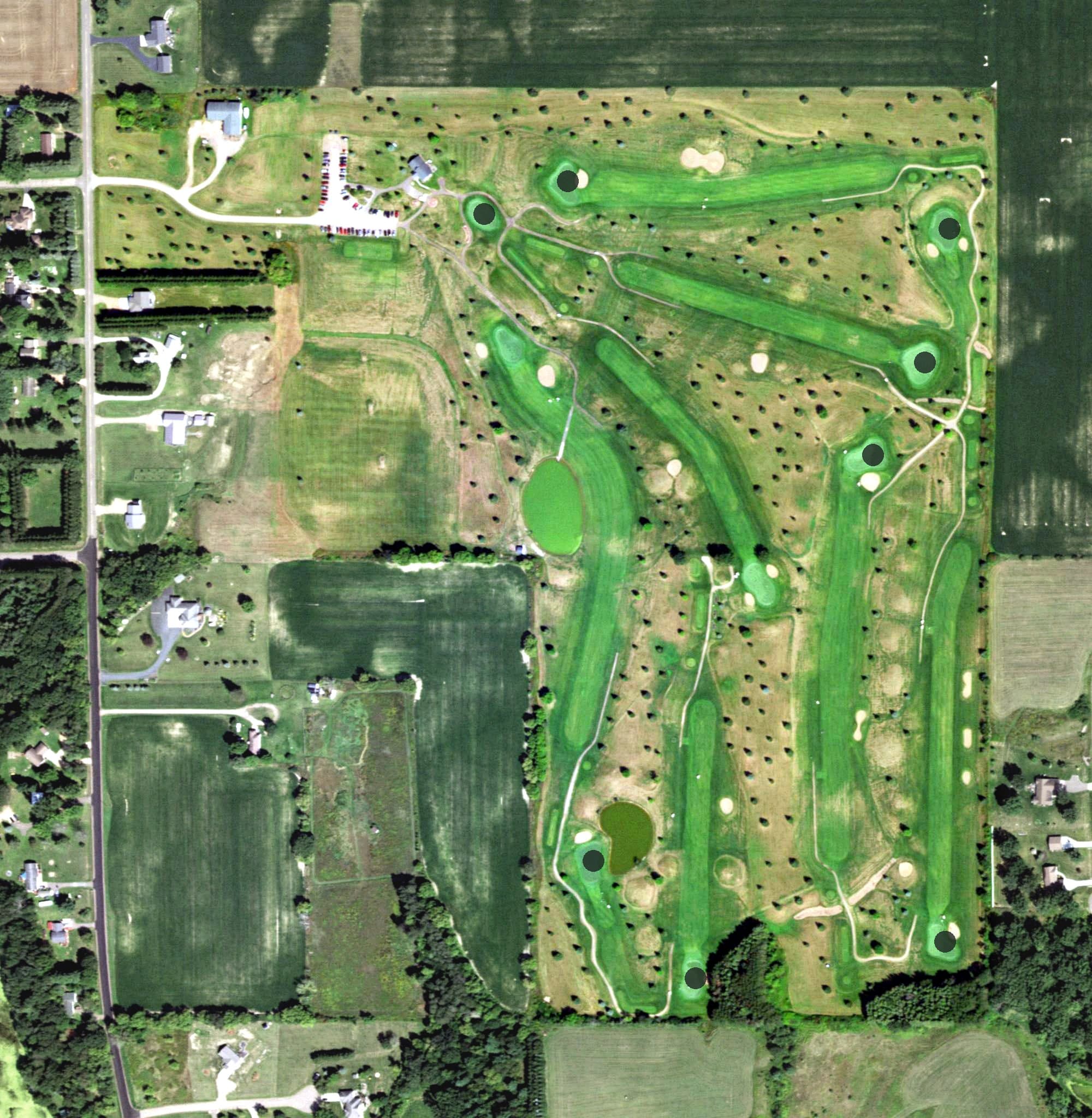 Aerial view of Lynndale's Golf, WI, with its hole routing marked