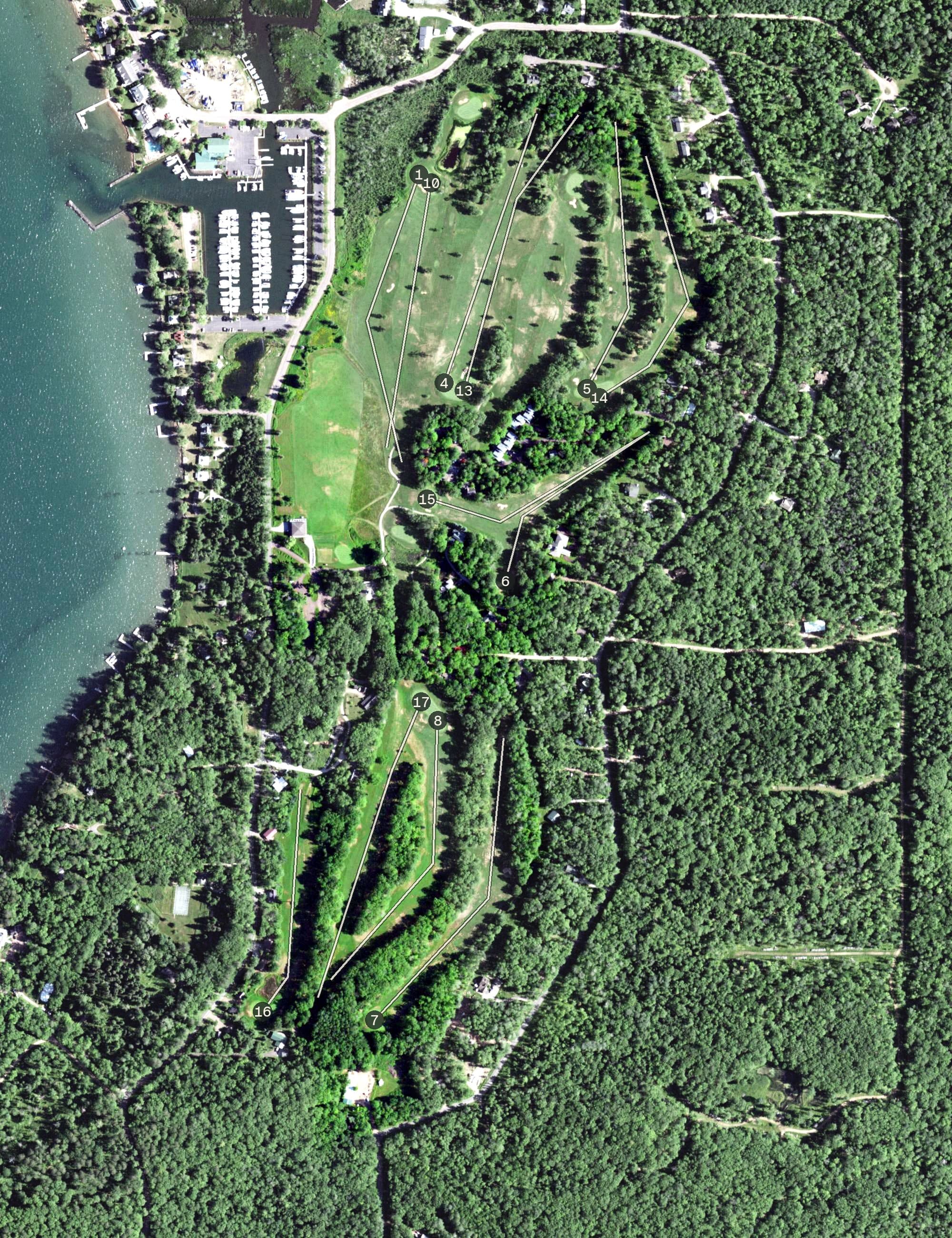 Aerial view of Madeline Island Golf Club, WI, with its hole routing marked