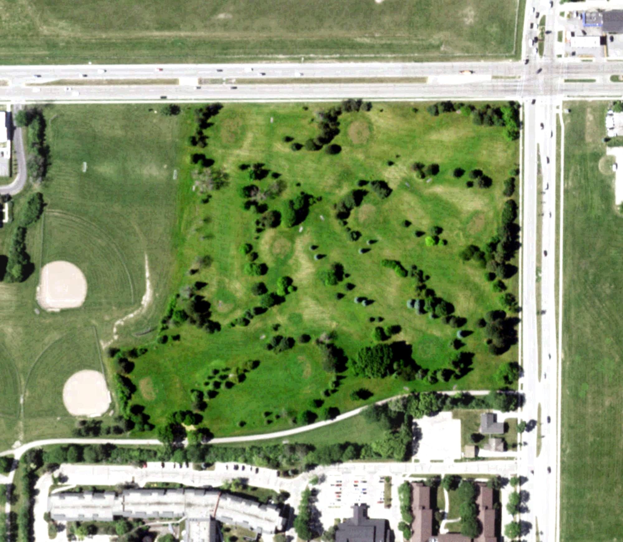 Aerial view of Madison Park Golf Course, WI, with its hole routing marked