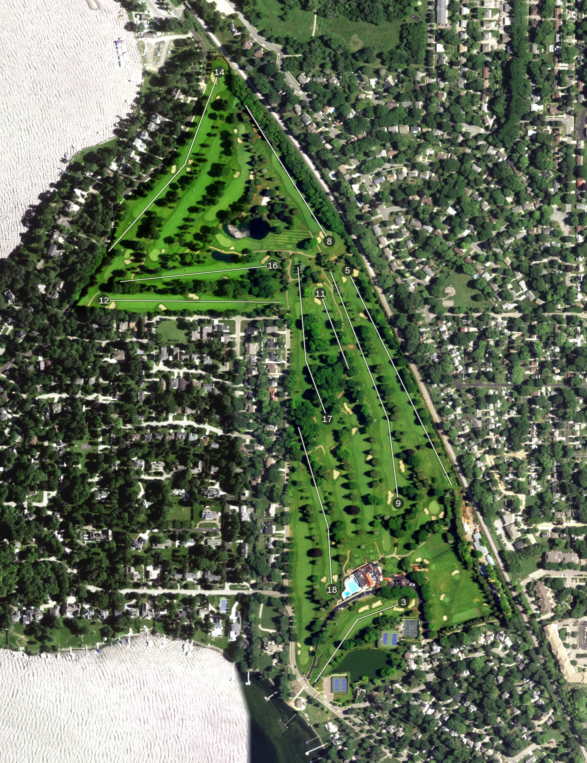 Aerial view of Maple Bluff Country Club, WI, with its hole routing marked