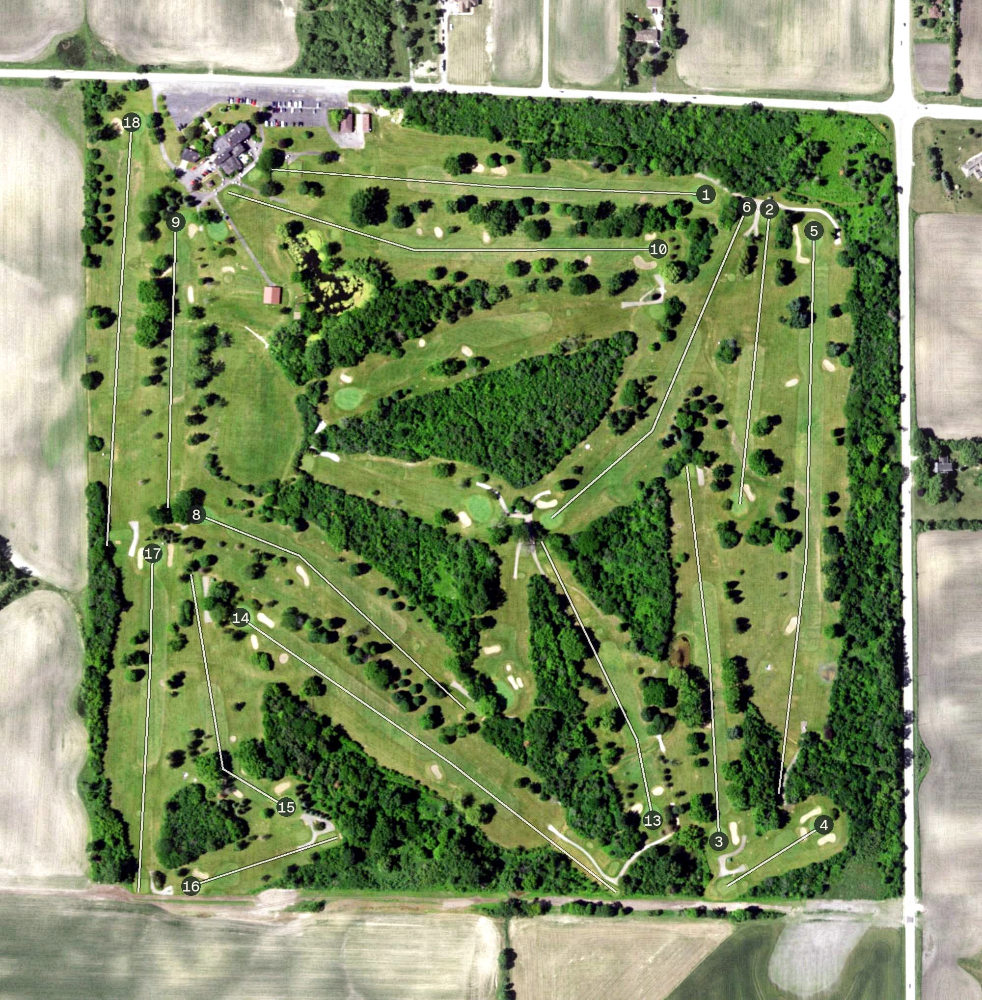 Aerial view of Maplecrest Country Club, WI, with its hole routing marked