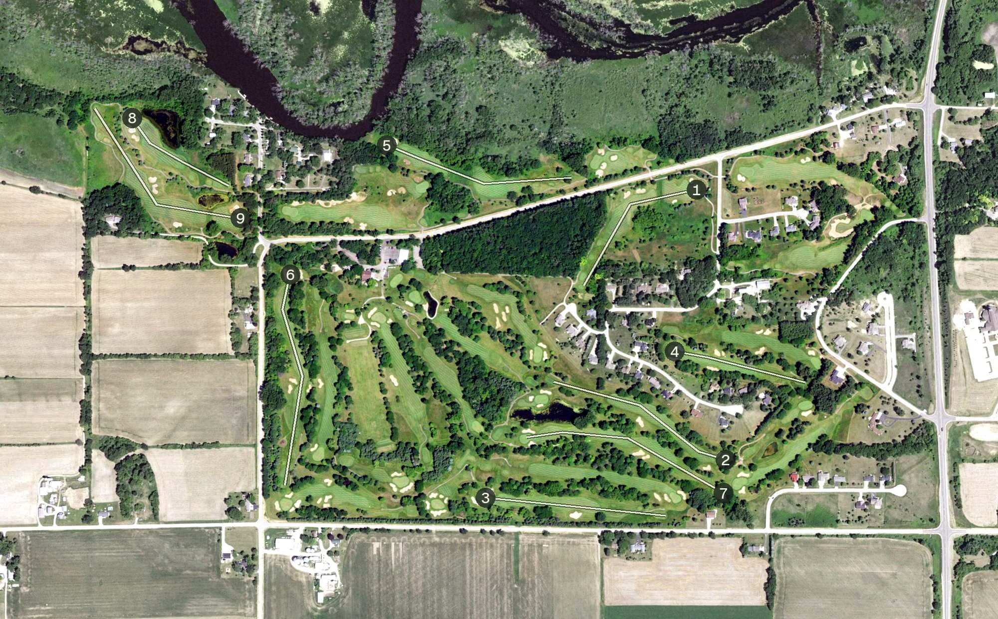 Aerial view of Mascoutin Golf Club, WI, with its hole routing marked