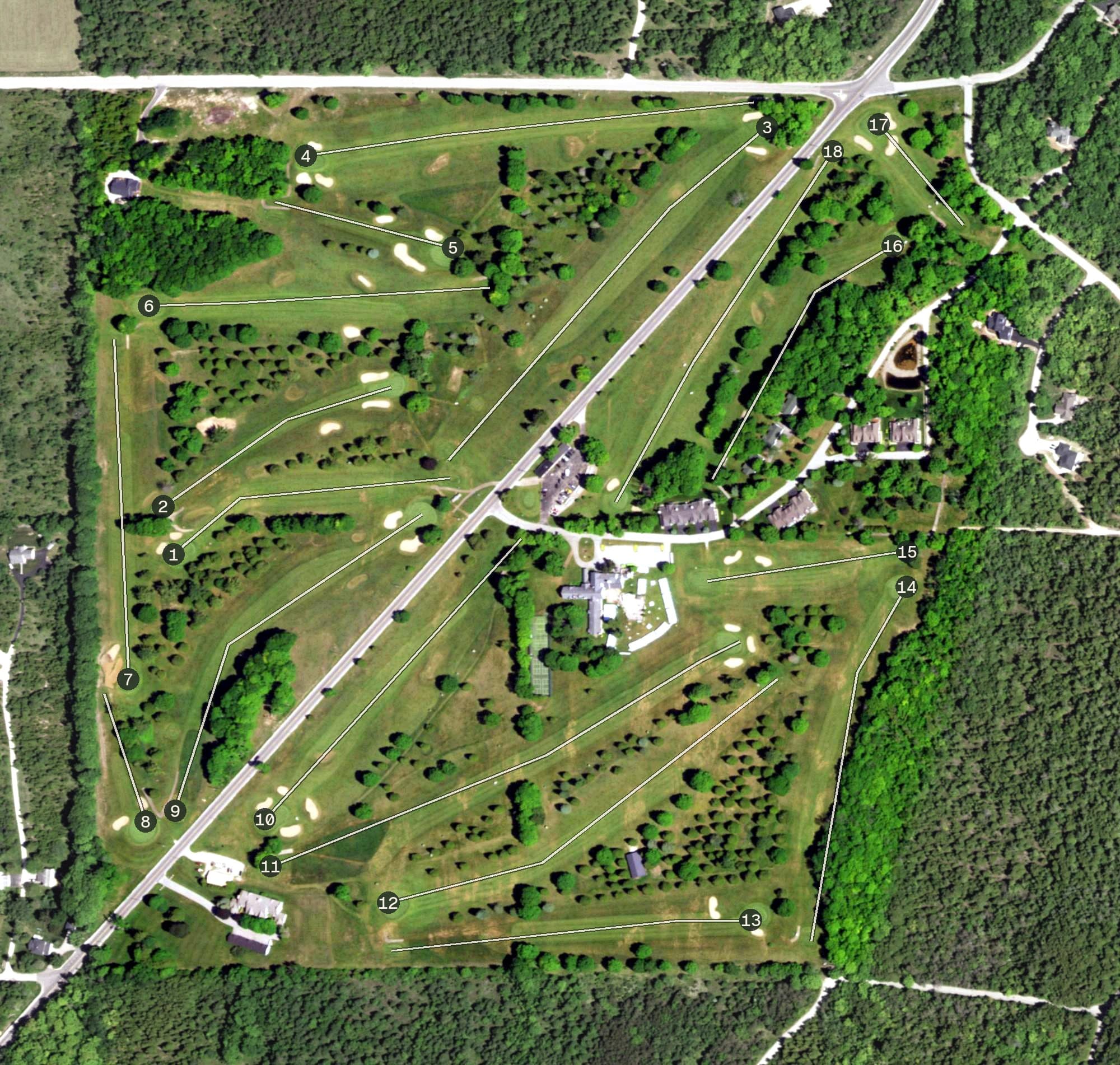 Aerial view of Maxwelton Braes Golf Resort, WI, with its hole routing marked
