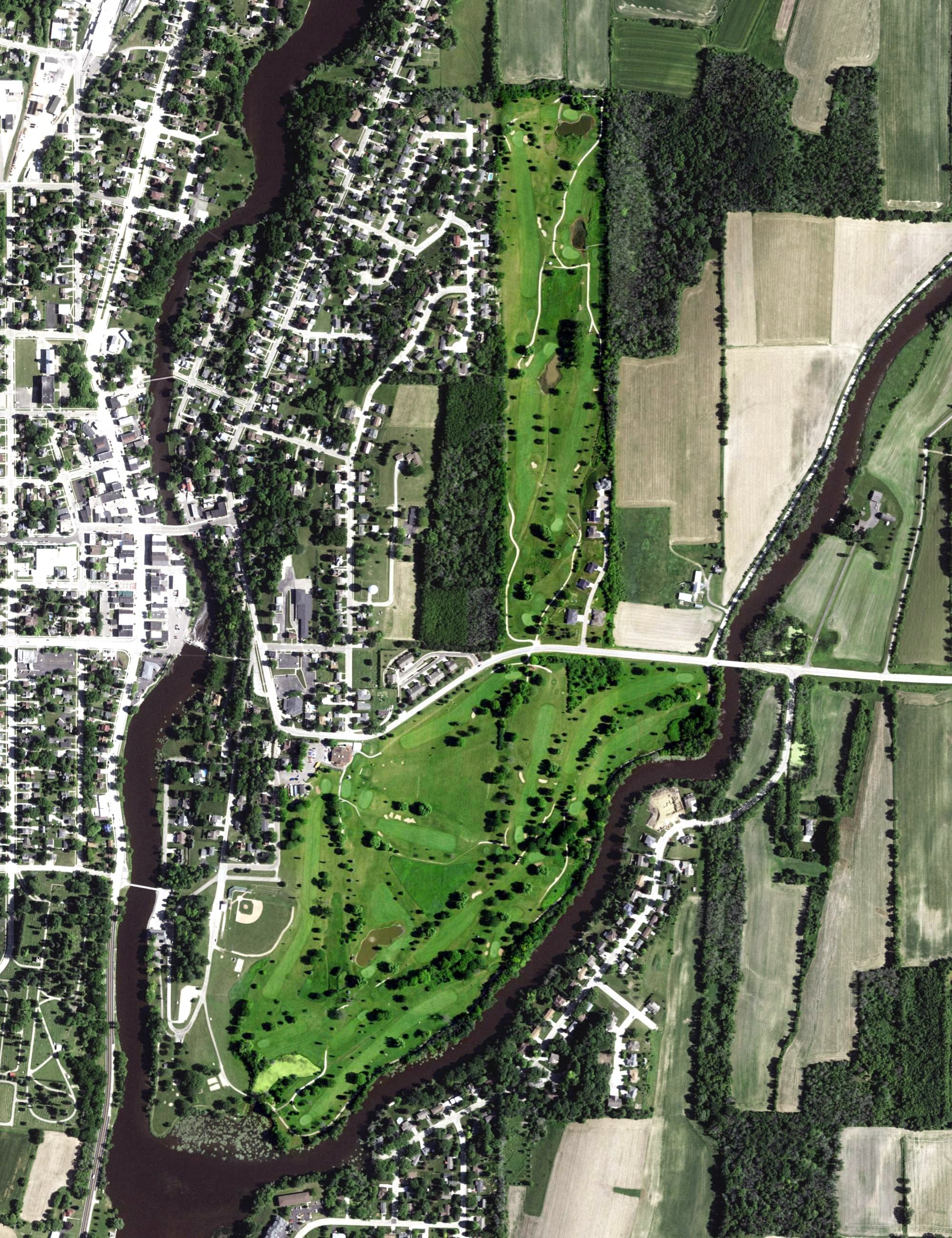 Aerial view of Mayville Golf Course, WI, with its hole routing marked