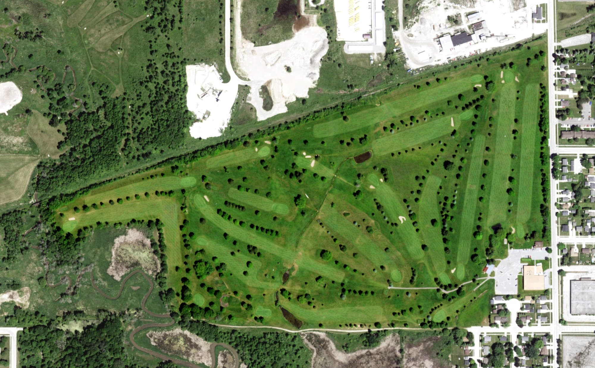 Aerial view of Meadow Links Golf Course, WI, with its hole routing marked