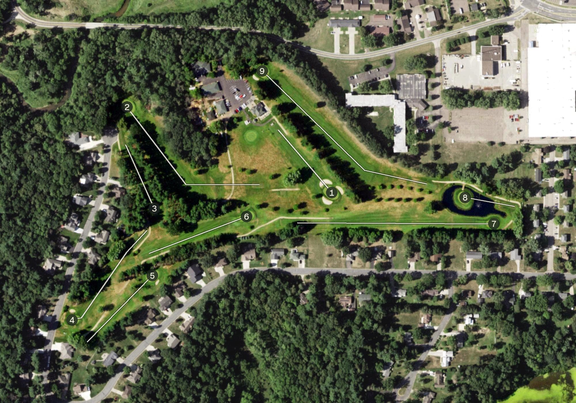 Aerial view of Menomonie Country Club, WI, with its hole routing marked