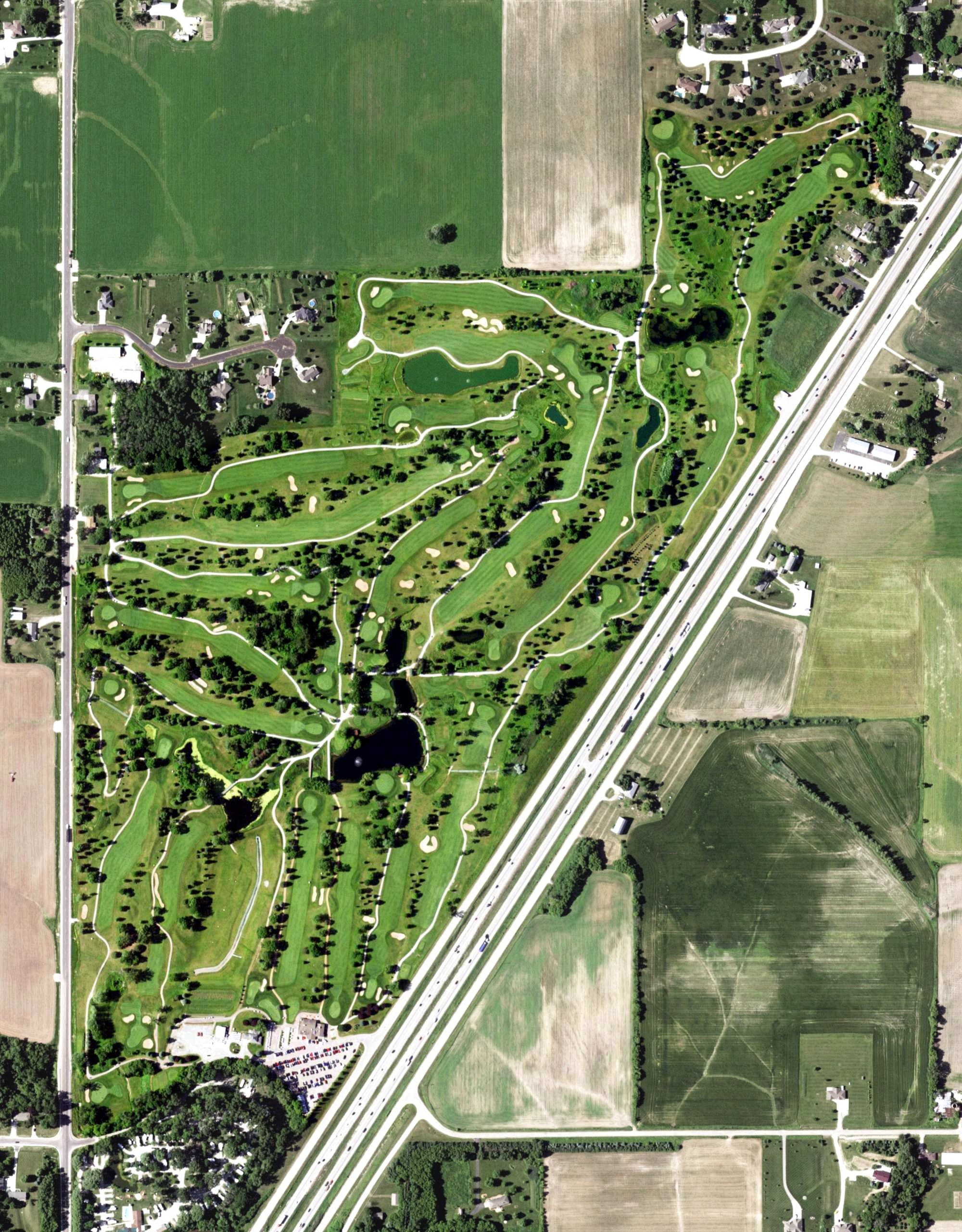 Aerial view of Mid Vallee Golf Course, WI, with its hole routing marked