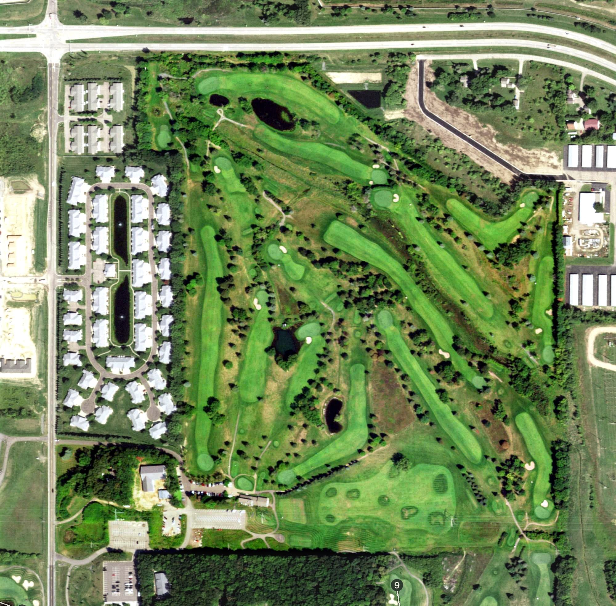 Aerial view of Mill Run Golf Course, WI, with its hole routing marked