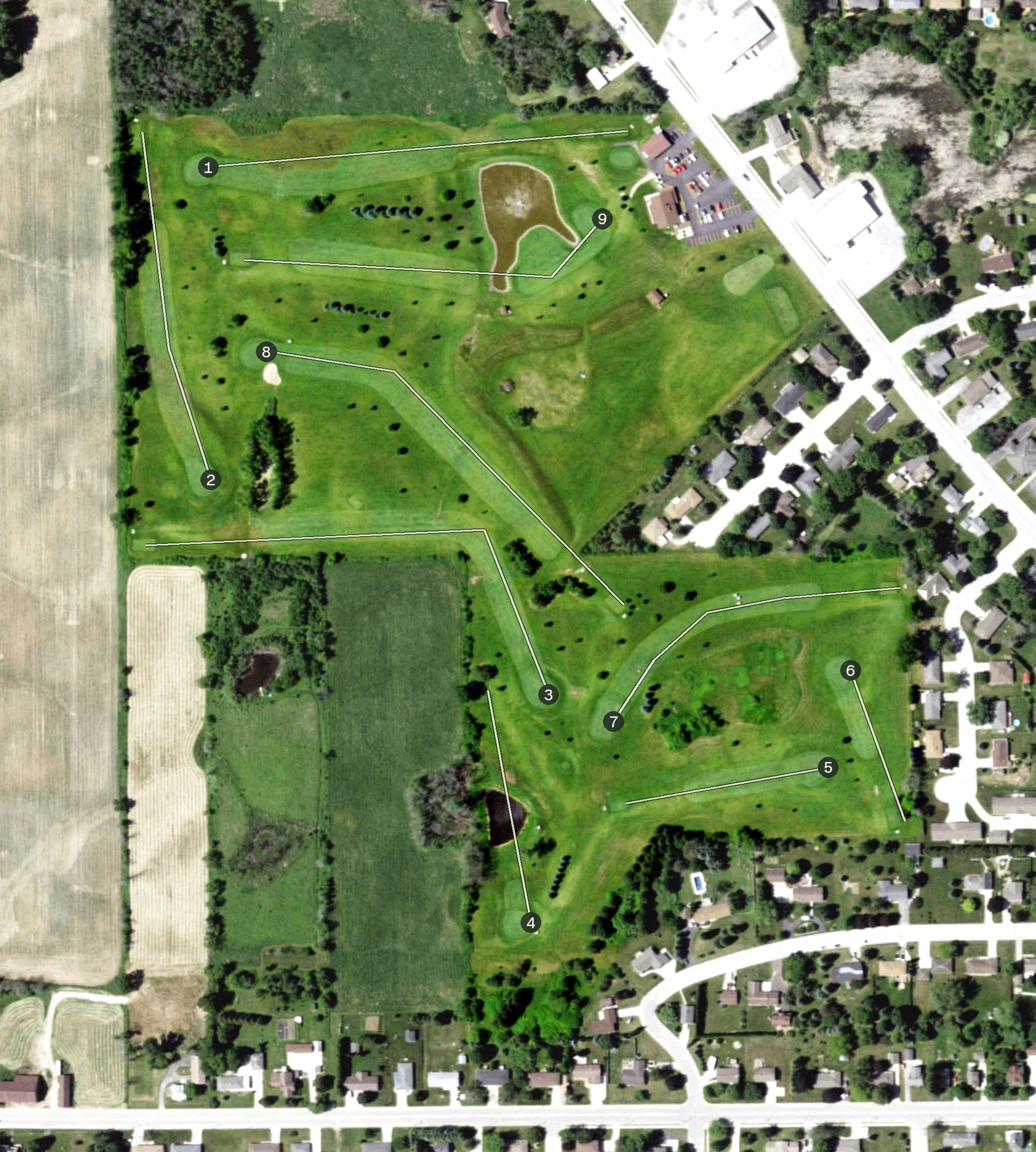 Aerial view of Millers Glen Golf Gourse, WI, with its hole routing marked