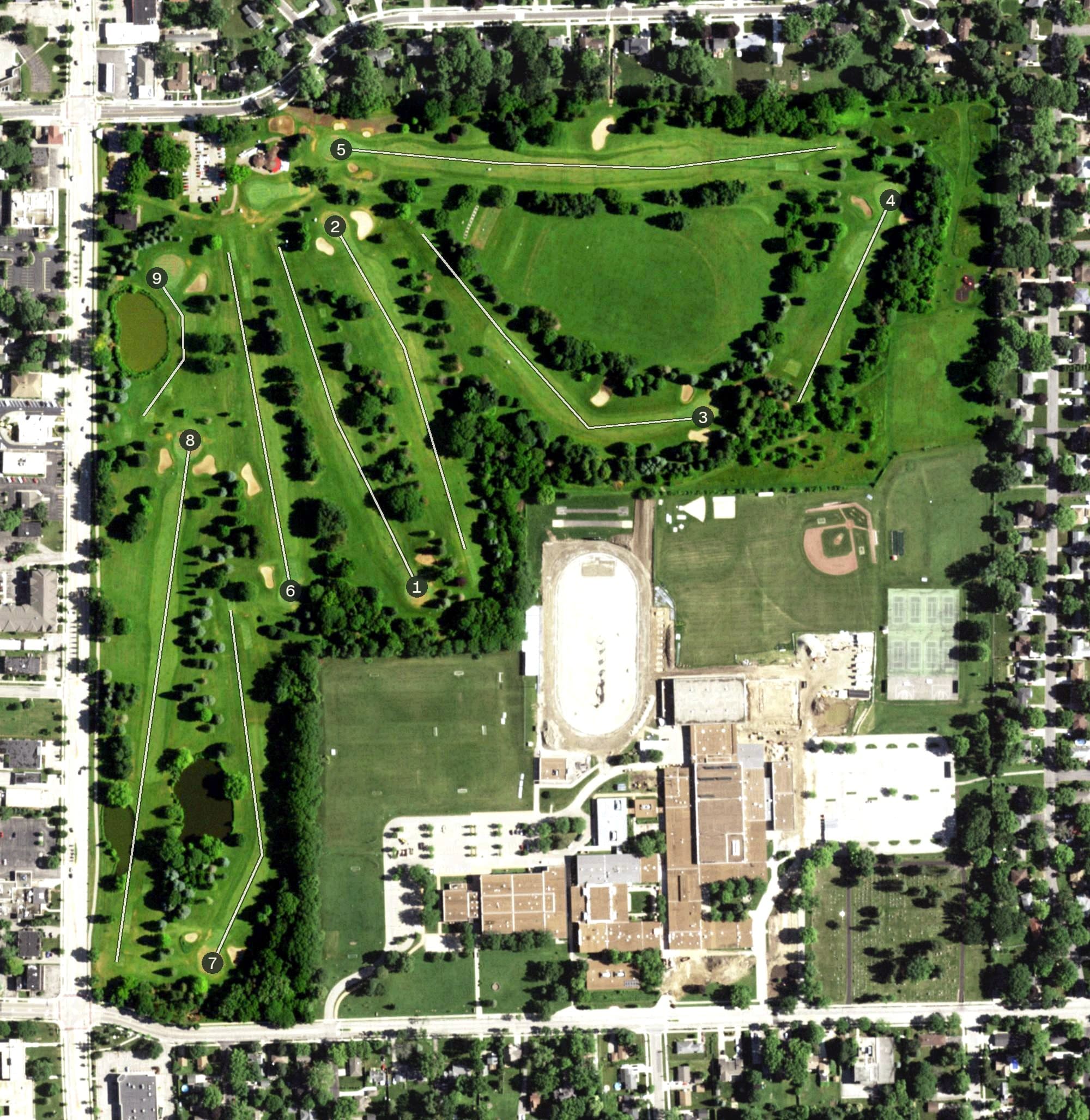 Aerial view of Monona Golf Course, WI, with its hole routing marked