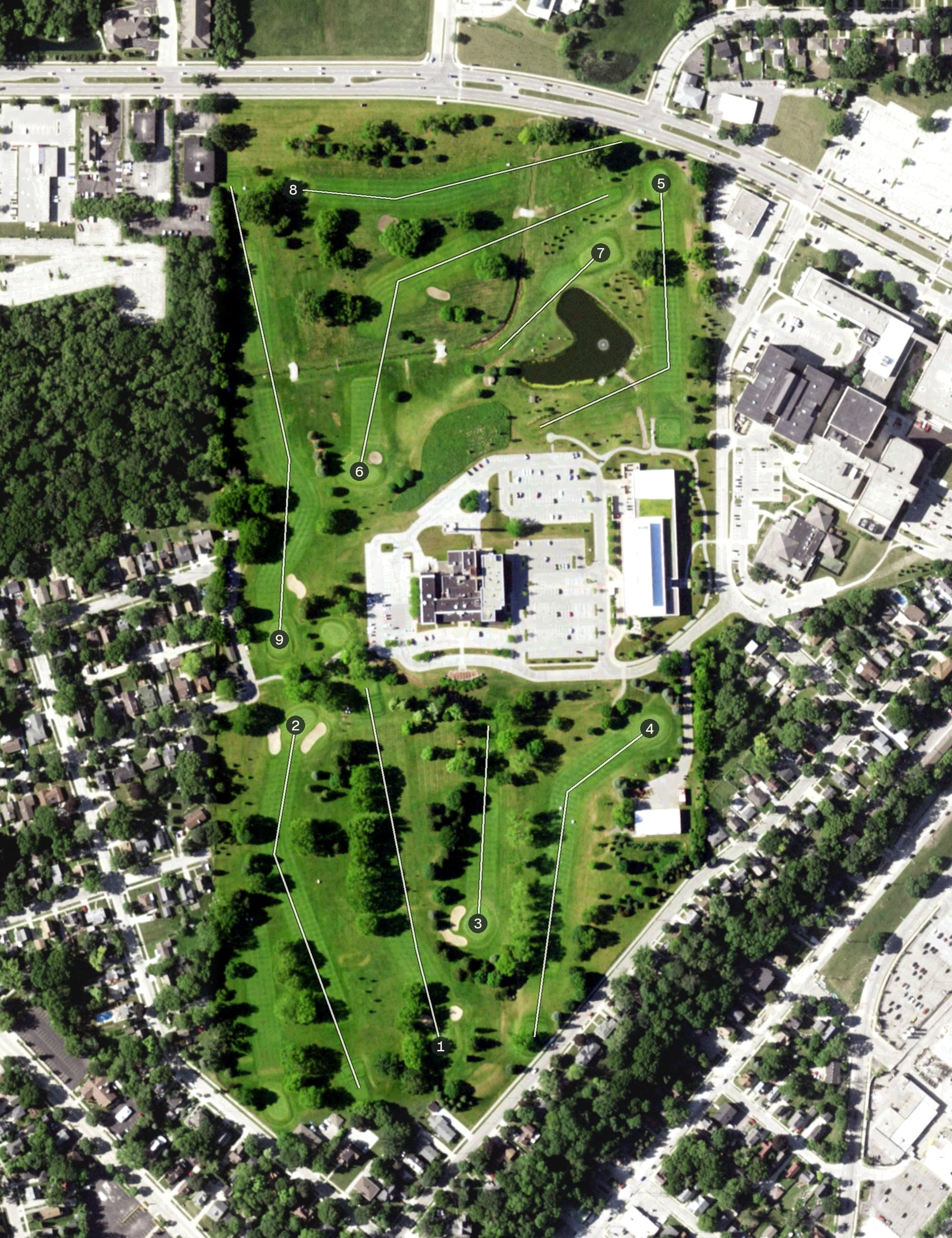 Aerial view of Moor Downs Golf Course, WI, with its hole routing marked