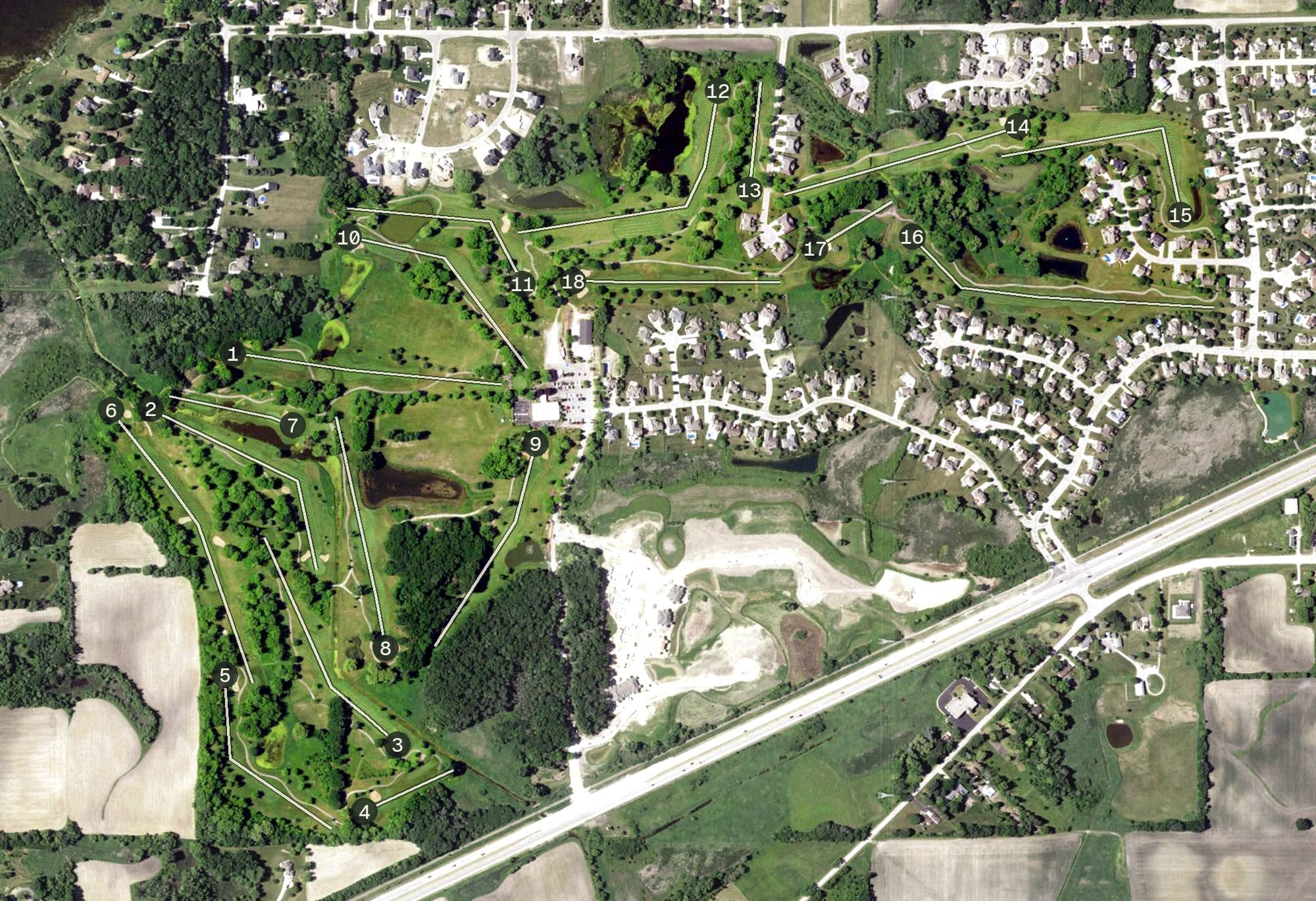 Aerial view of Muskego Lakes Country Club, WI, with its hole routing marked