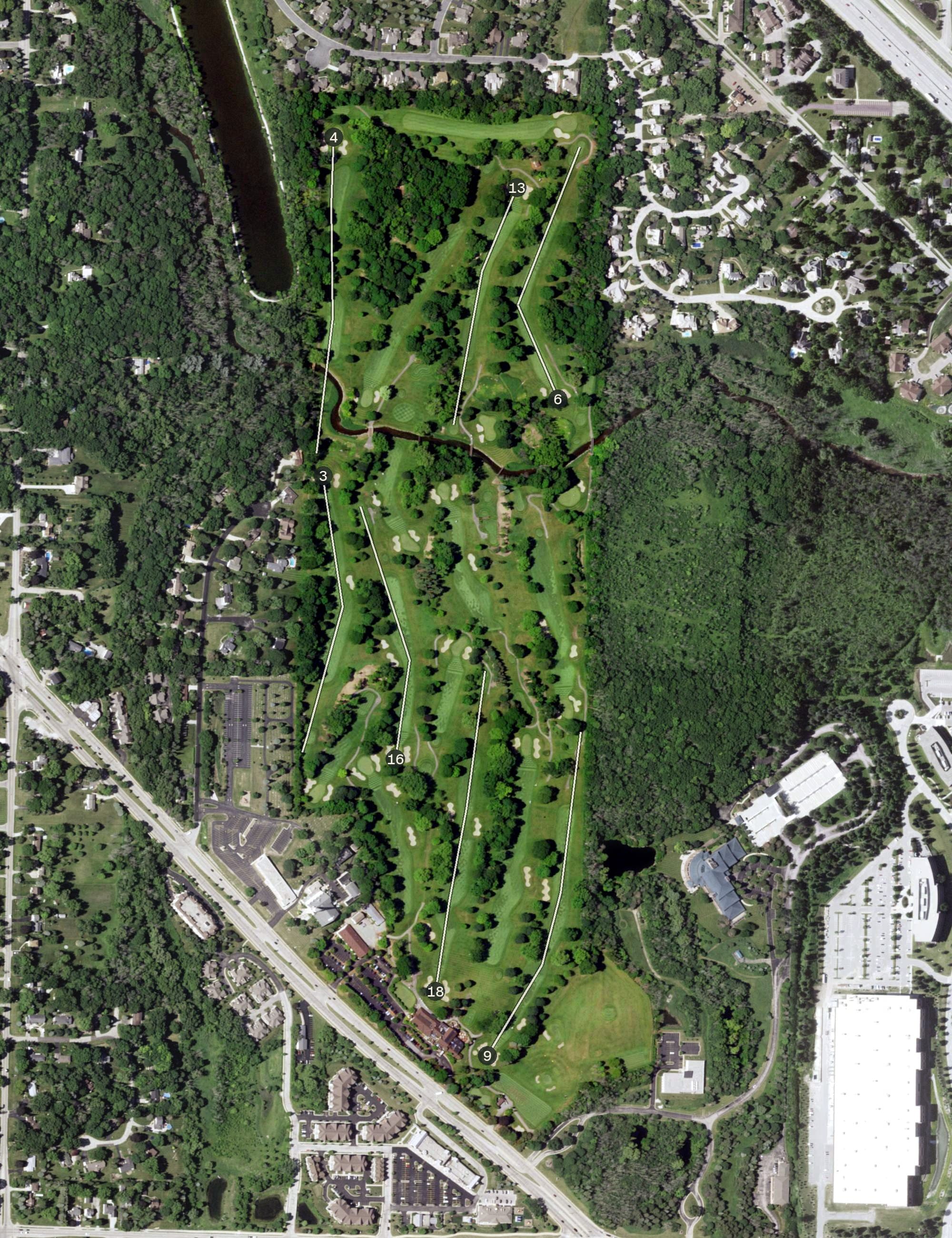 Aerial view of North Hills Country Club, WI, with its hole routing marked