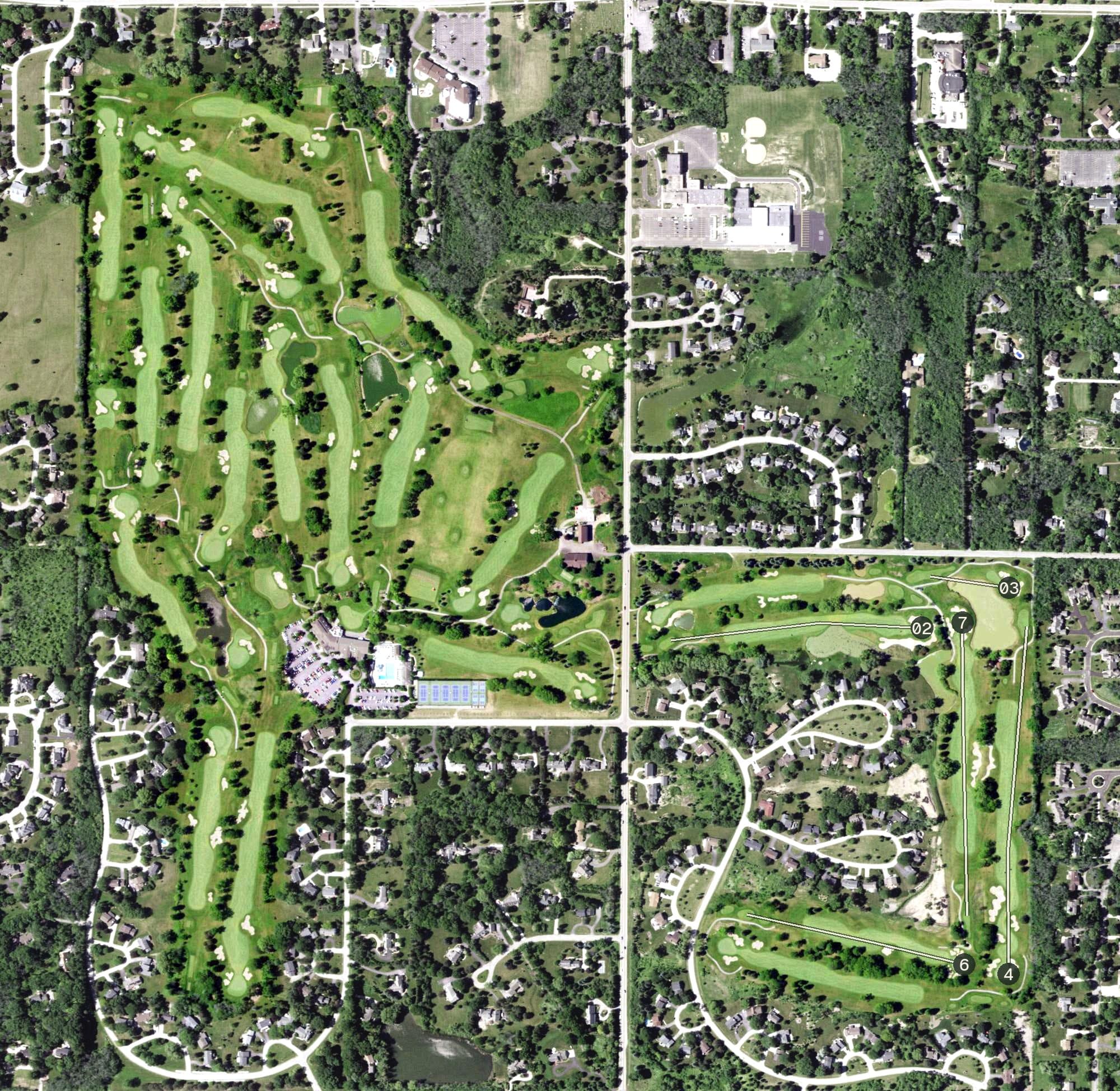 Aerial view of North Shore Country Club, WI, with its hole routing marked
