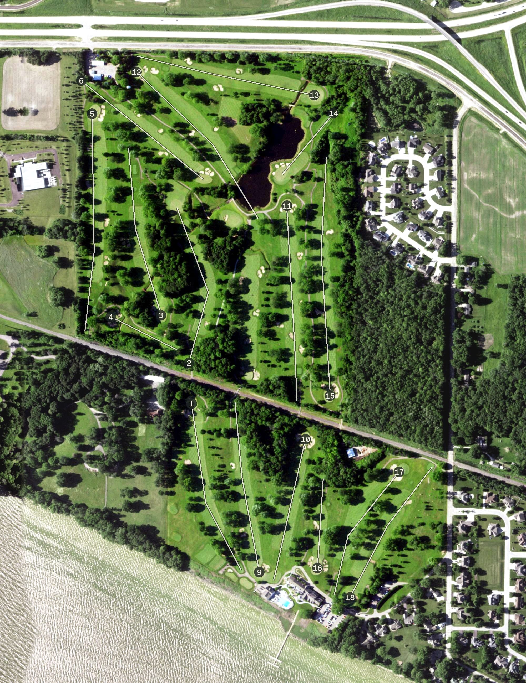 Aerial view of North Shore Golf Club, WI, with its hole routing marked