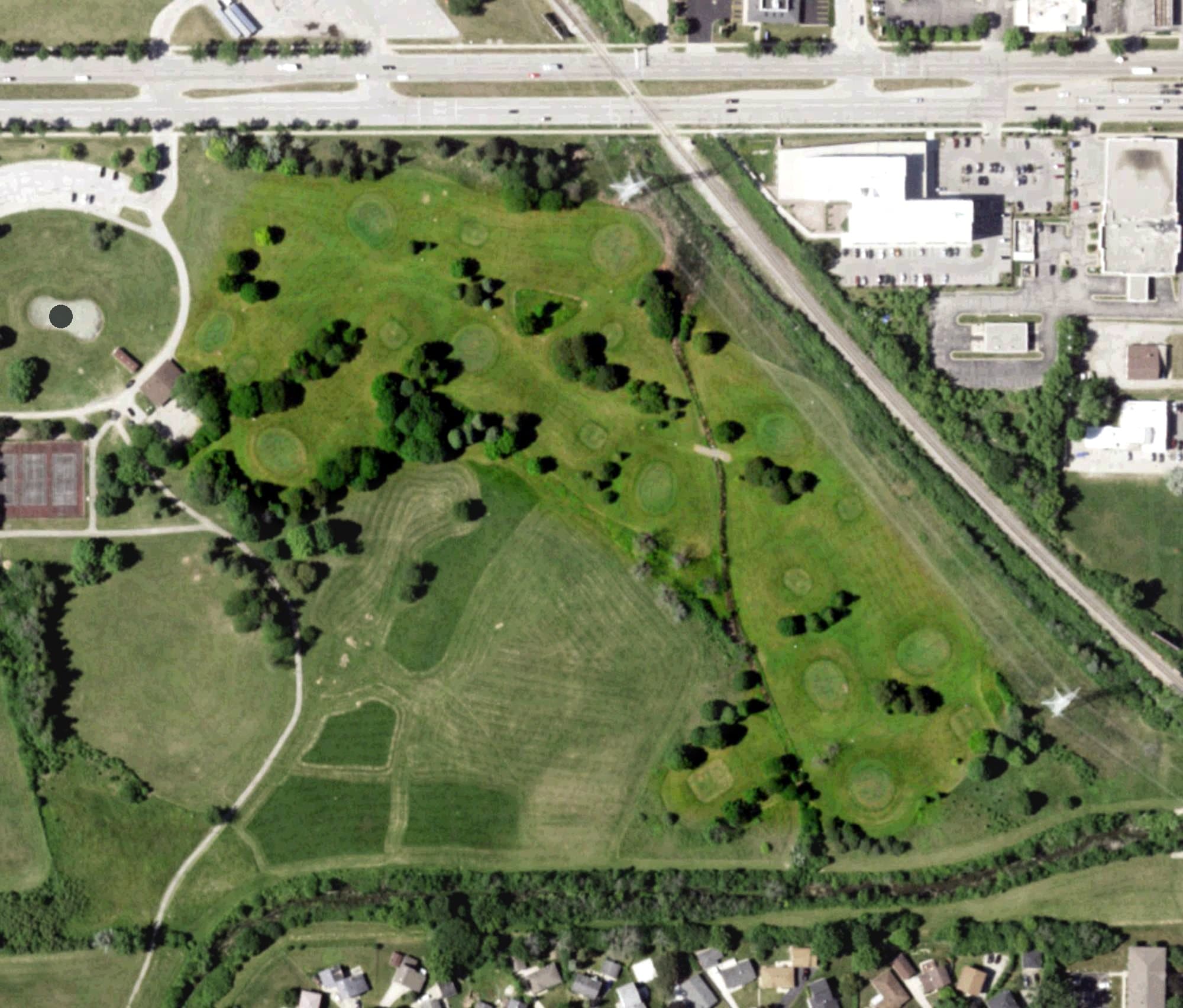 Aerial view of Noyes Park Golf Course, WI, with its hole routing marked