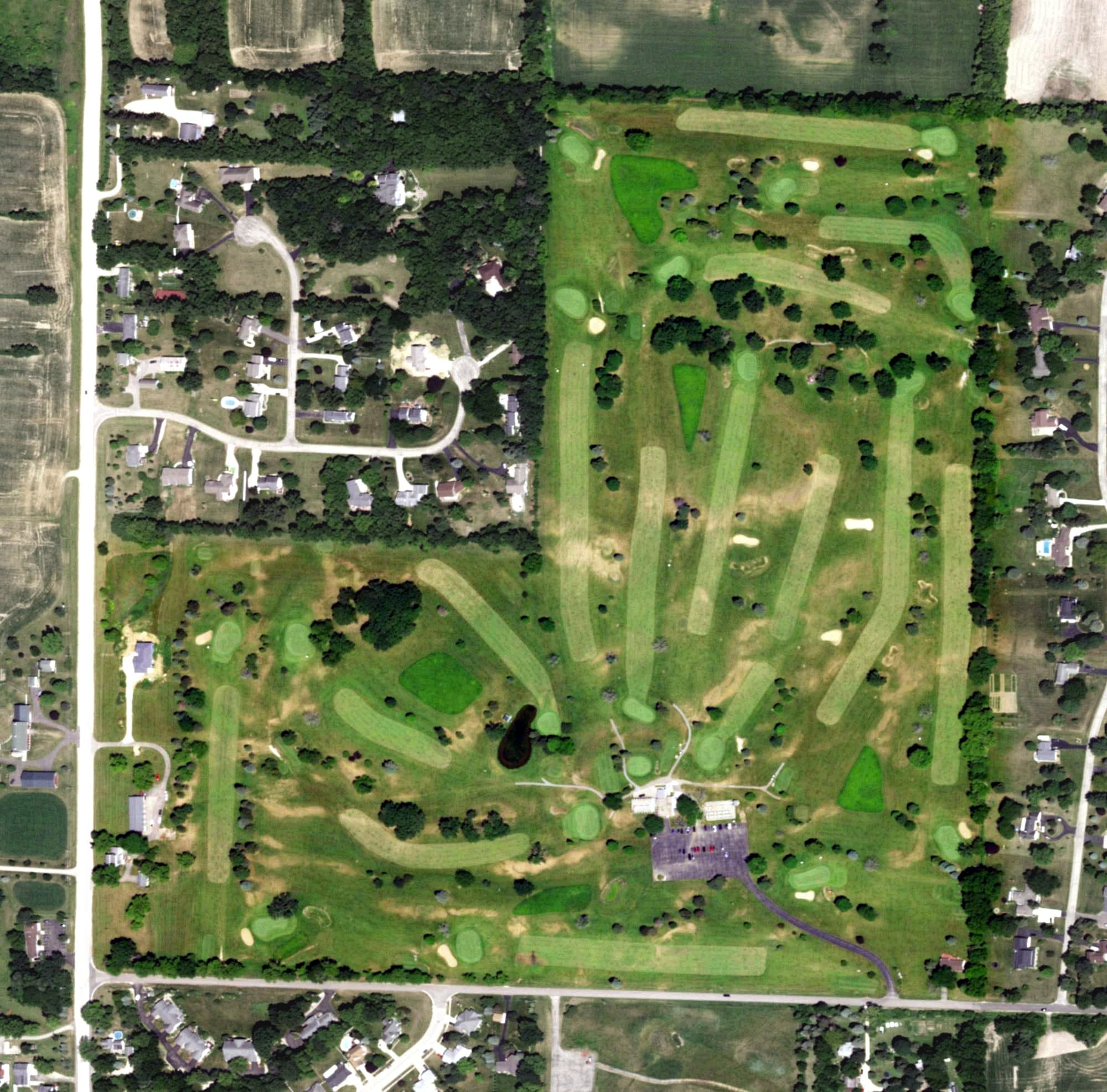 Aerial view of Oak Ridge Golf Course, WI, with its hole routing marked