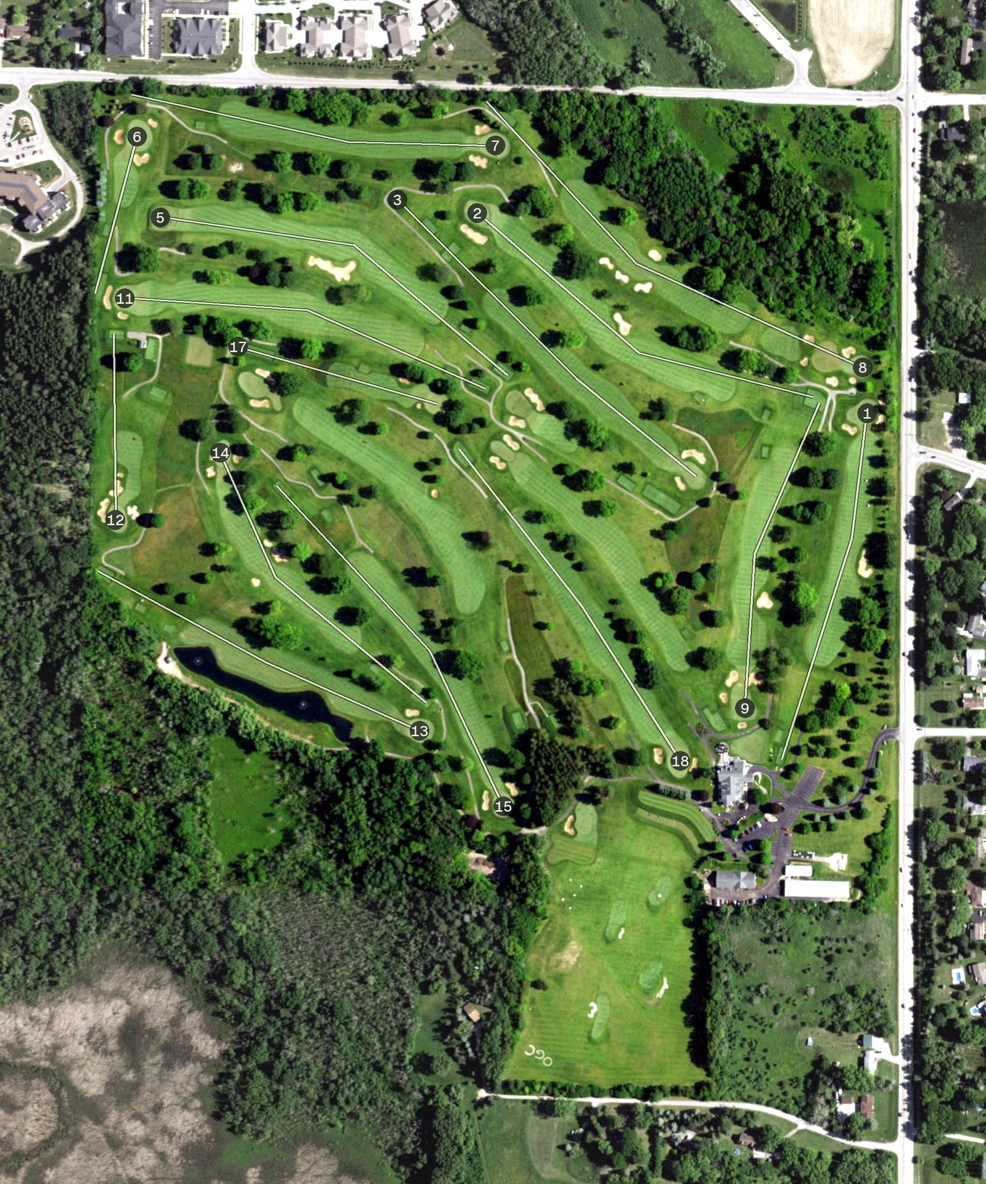 Aerial view of Oconomowoc Golf Club, WI, with its hole routing marked