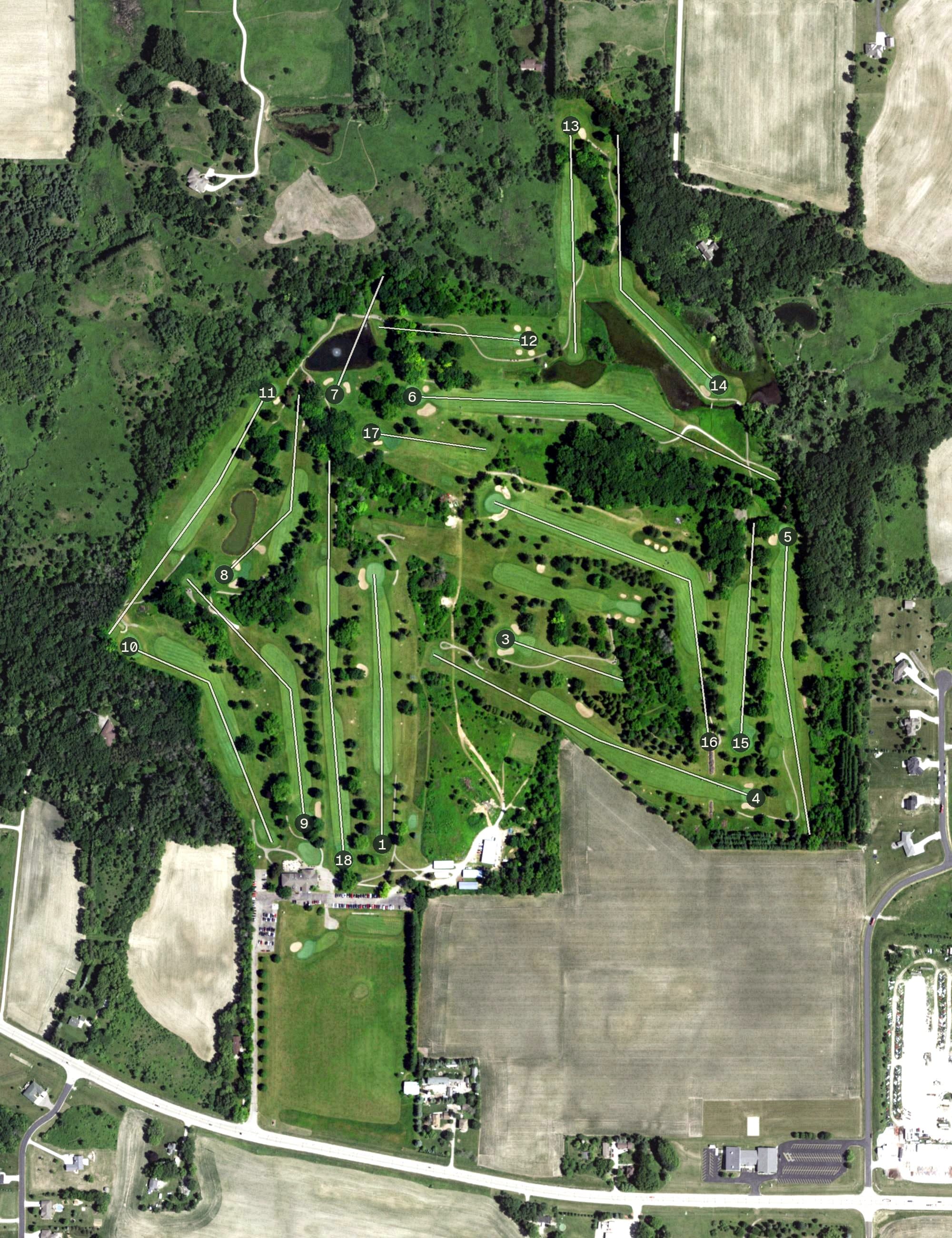 Aerial view of Old Hickory Golf Club, WI, with its hole routing marked