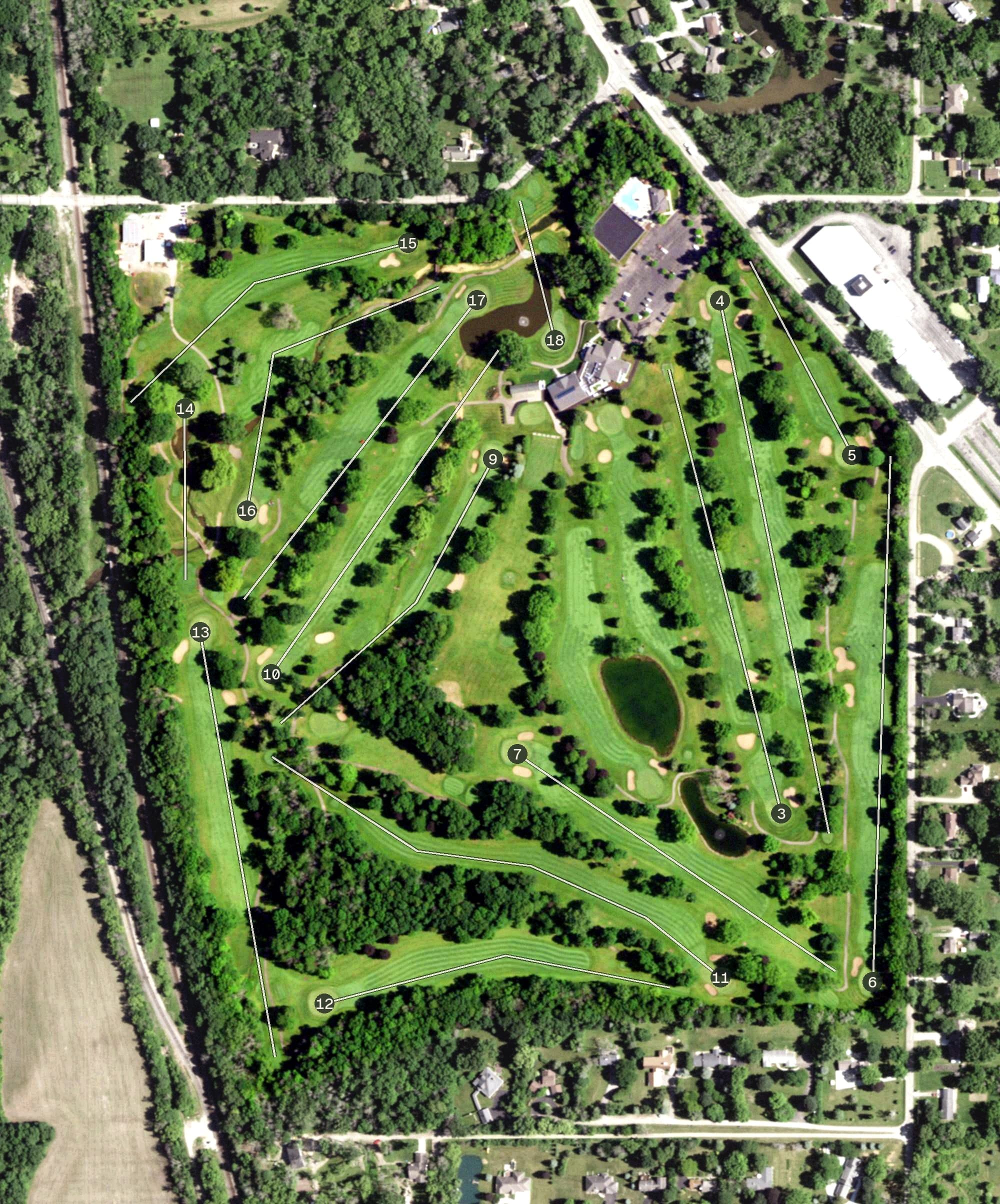 Aerial view of Oshkosh Country Club, WI, with its hole routing marked