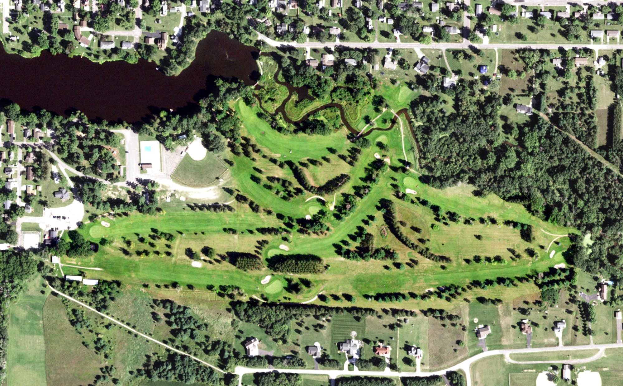 Aerial view of Osseo Golf Club, WI, with its hole routing marked