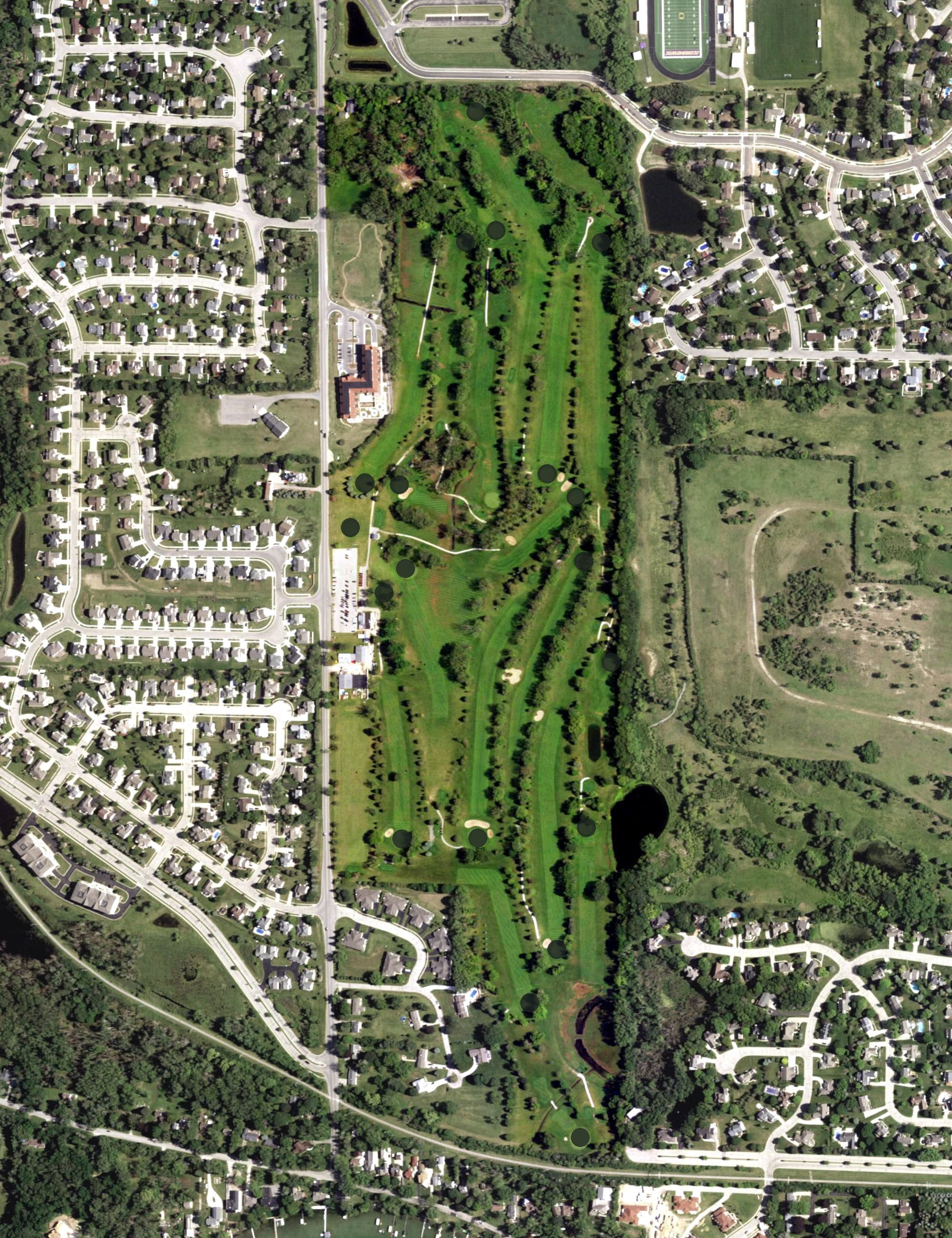 Aerial view of Paganica Golf Course, WI, with its hole routing marked