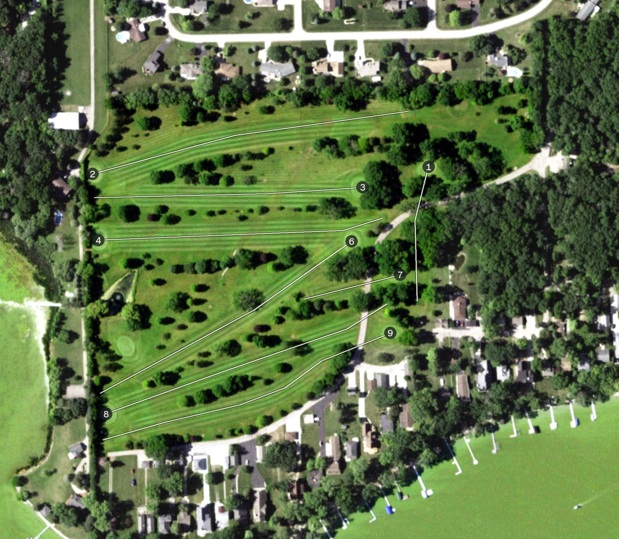 Aerial view of Pan-Yak Golf Course, WI, with its hole routing marked