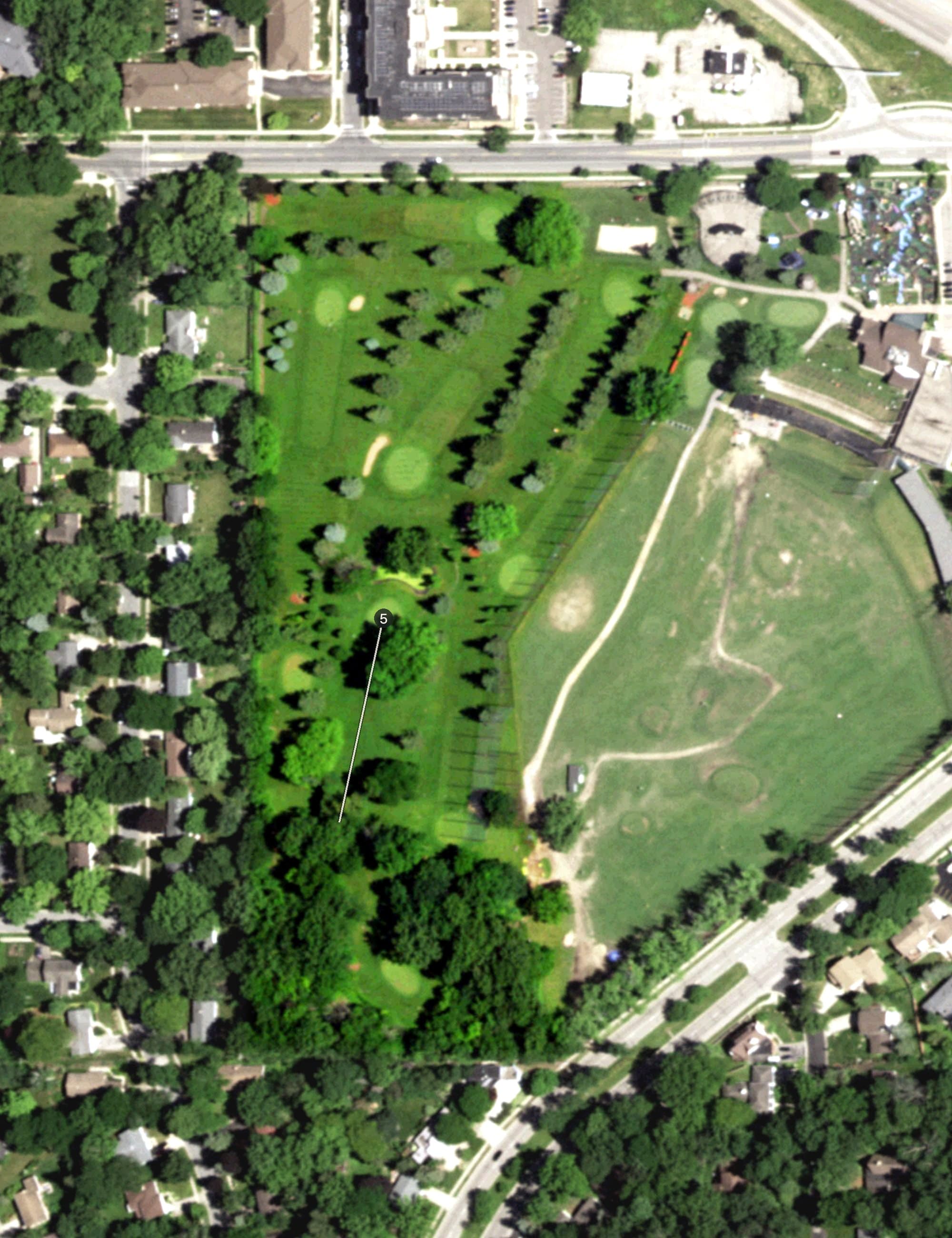 Aerial view of Par 3 Course, WI, with its hole routing marked