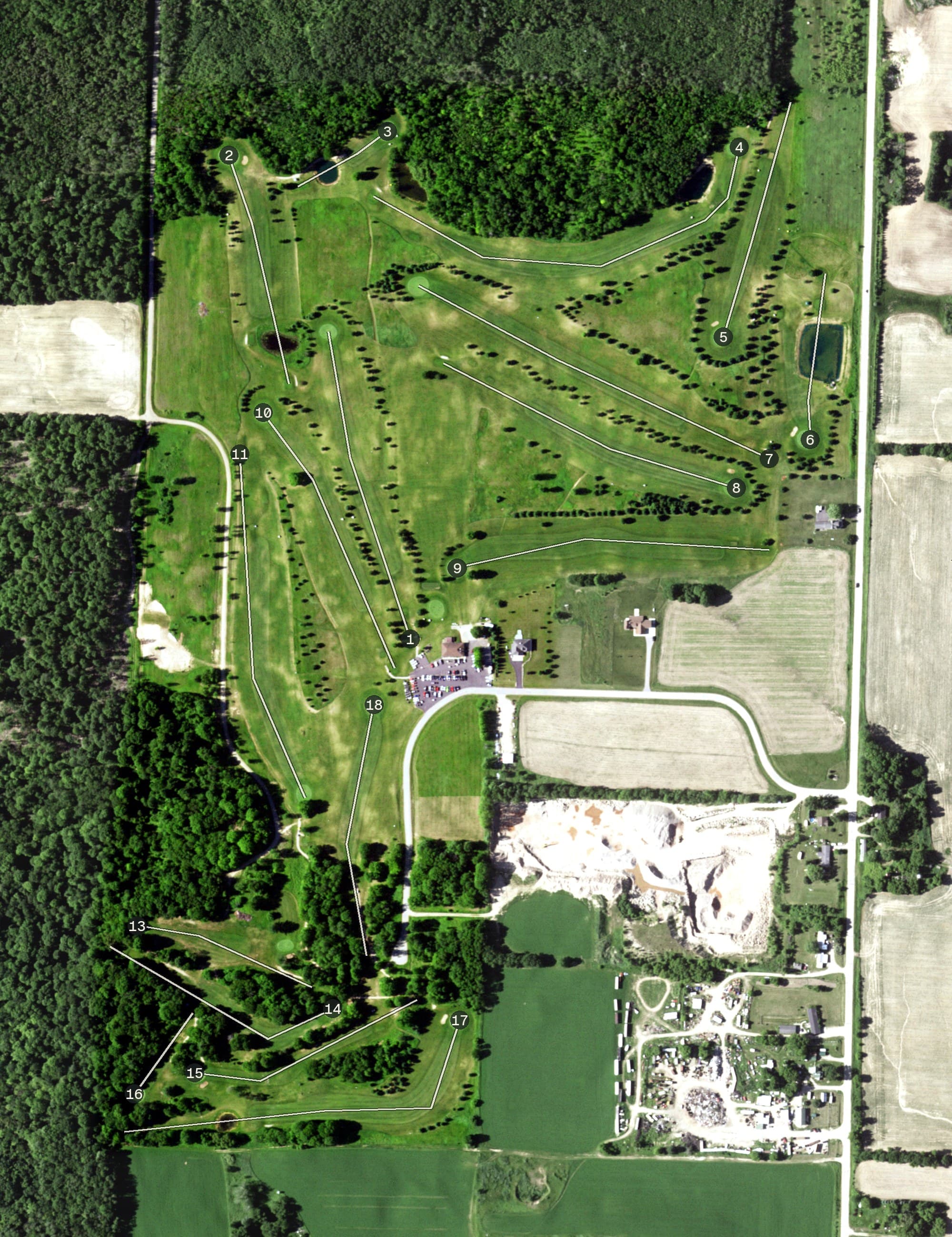 Aerial view of Parkway Golf Course, WI, with its hole routing marked