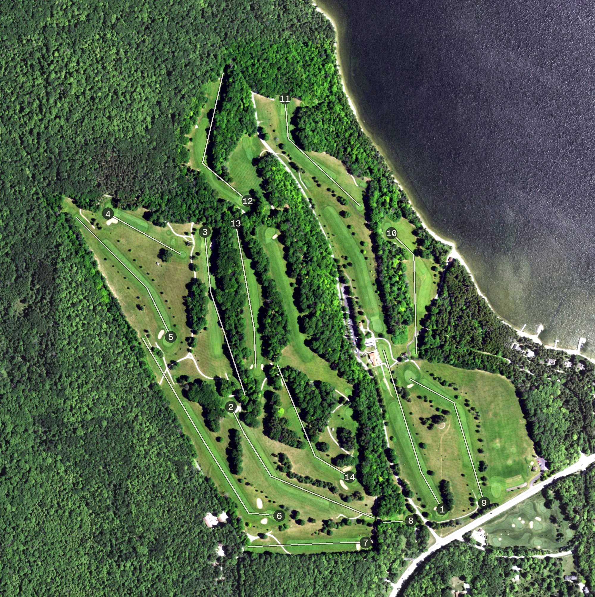 Aerial view of Peninsula State Park Golf Course, WI, with its hole routing marked