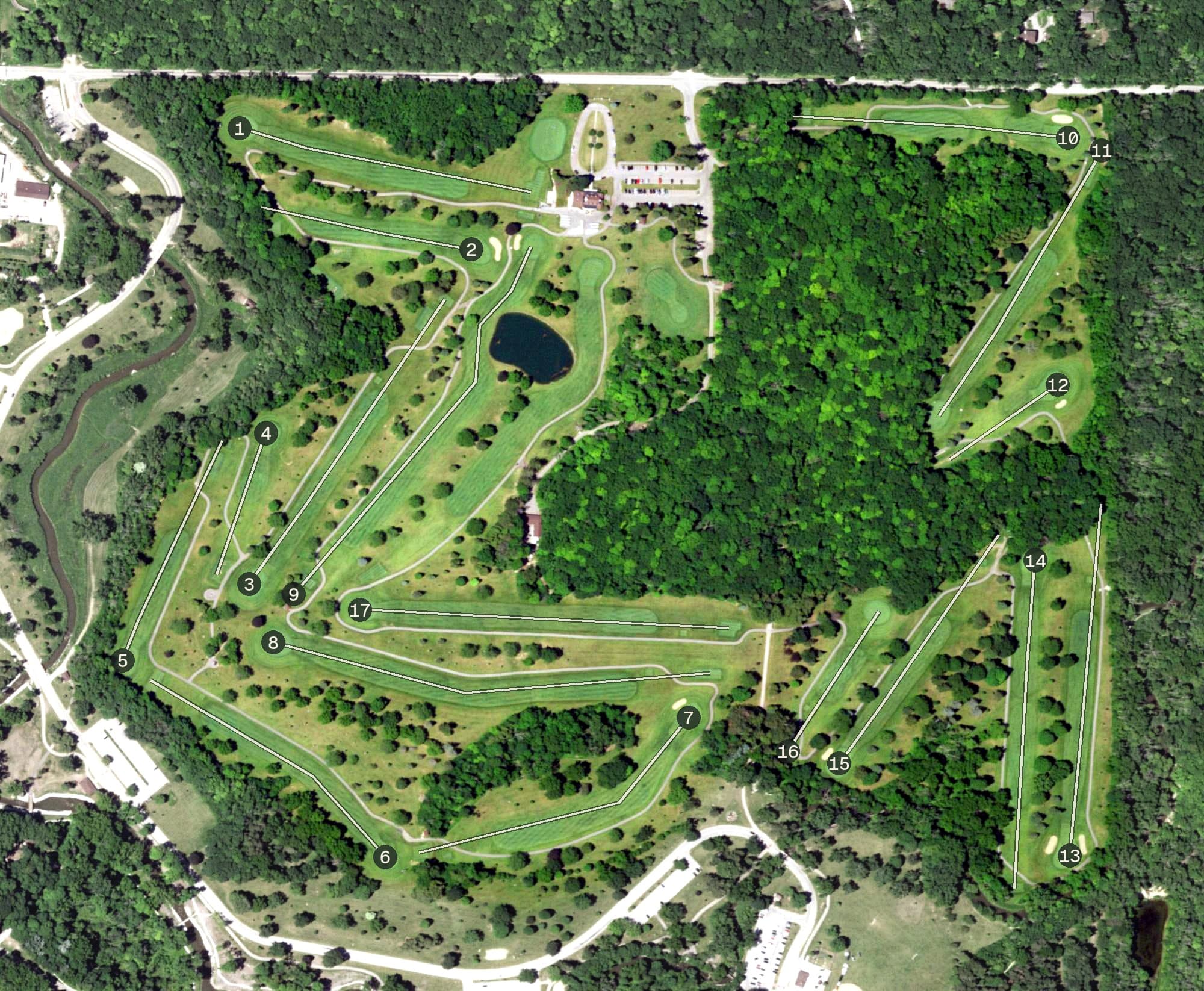 Aerial view of Petrifying Springs Golf Course, WI, with its hole routing marked