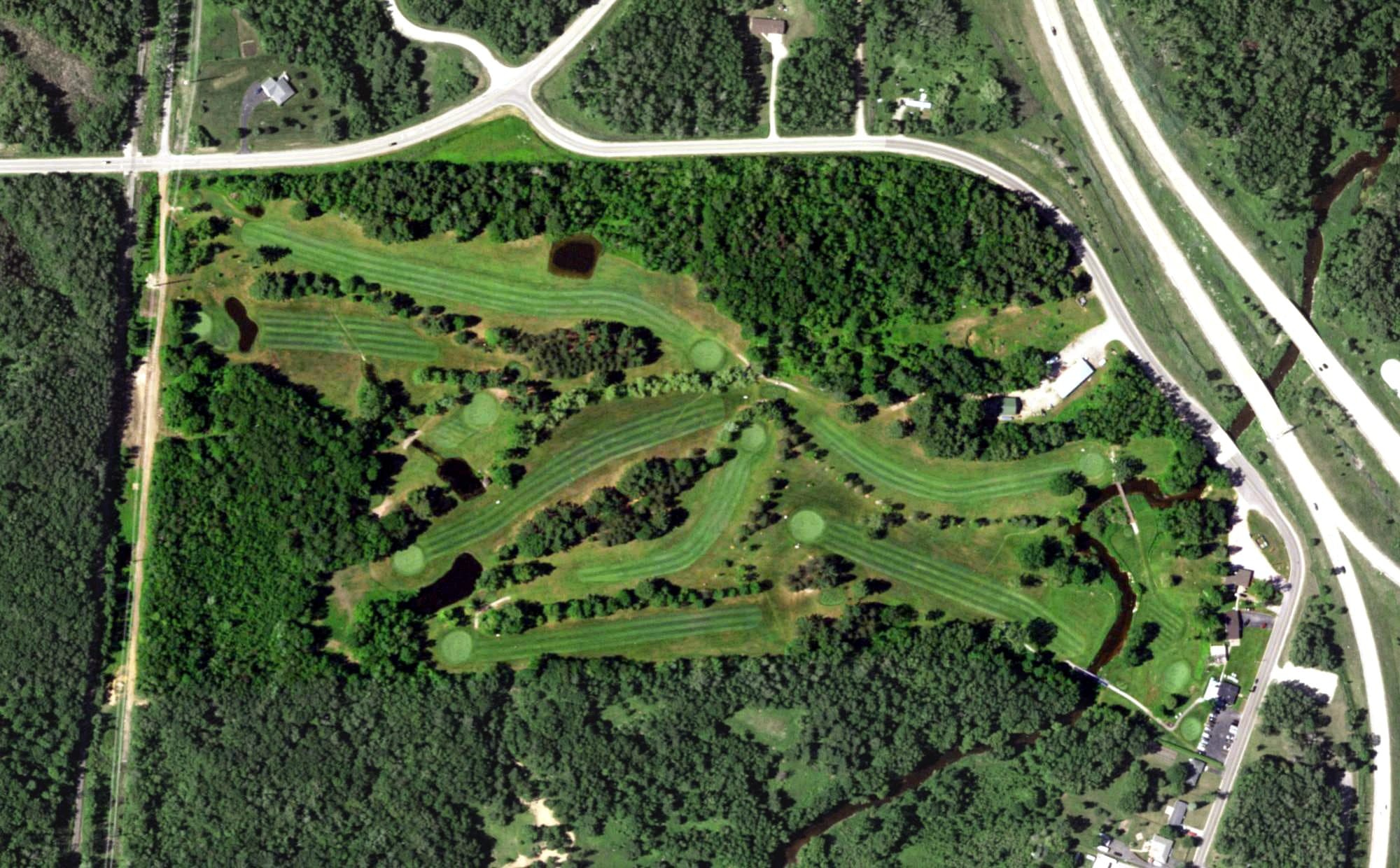 Aerial view of Pine Acres Golf Course, WI, with its hole routing marked