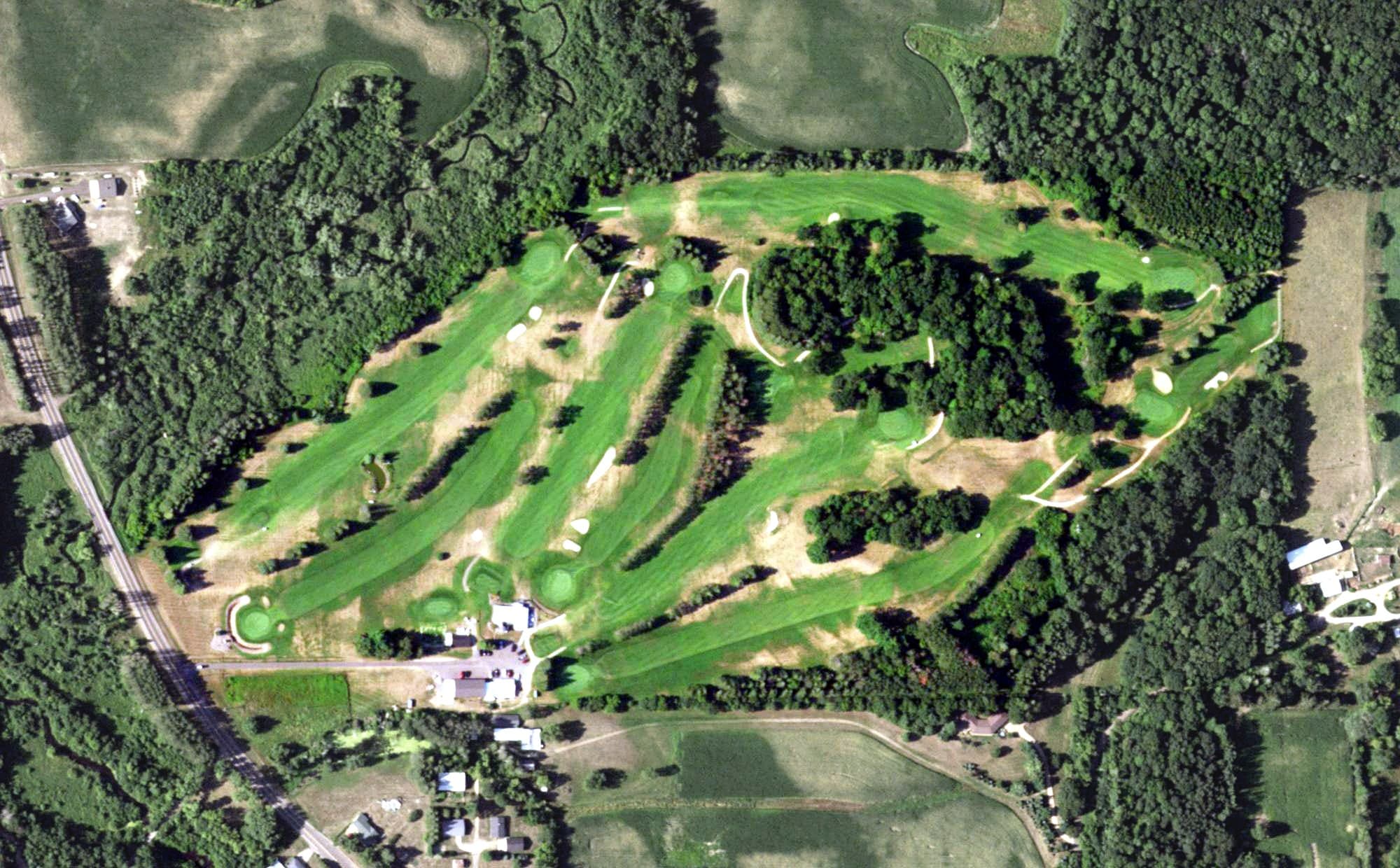 Aerial view of Pine Crest Golf Course, WI, with its hole routing marked