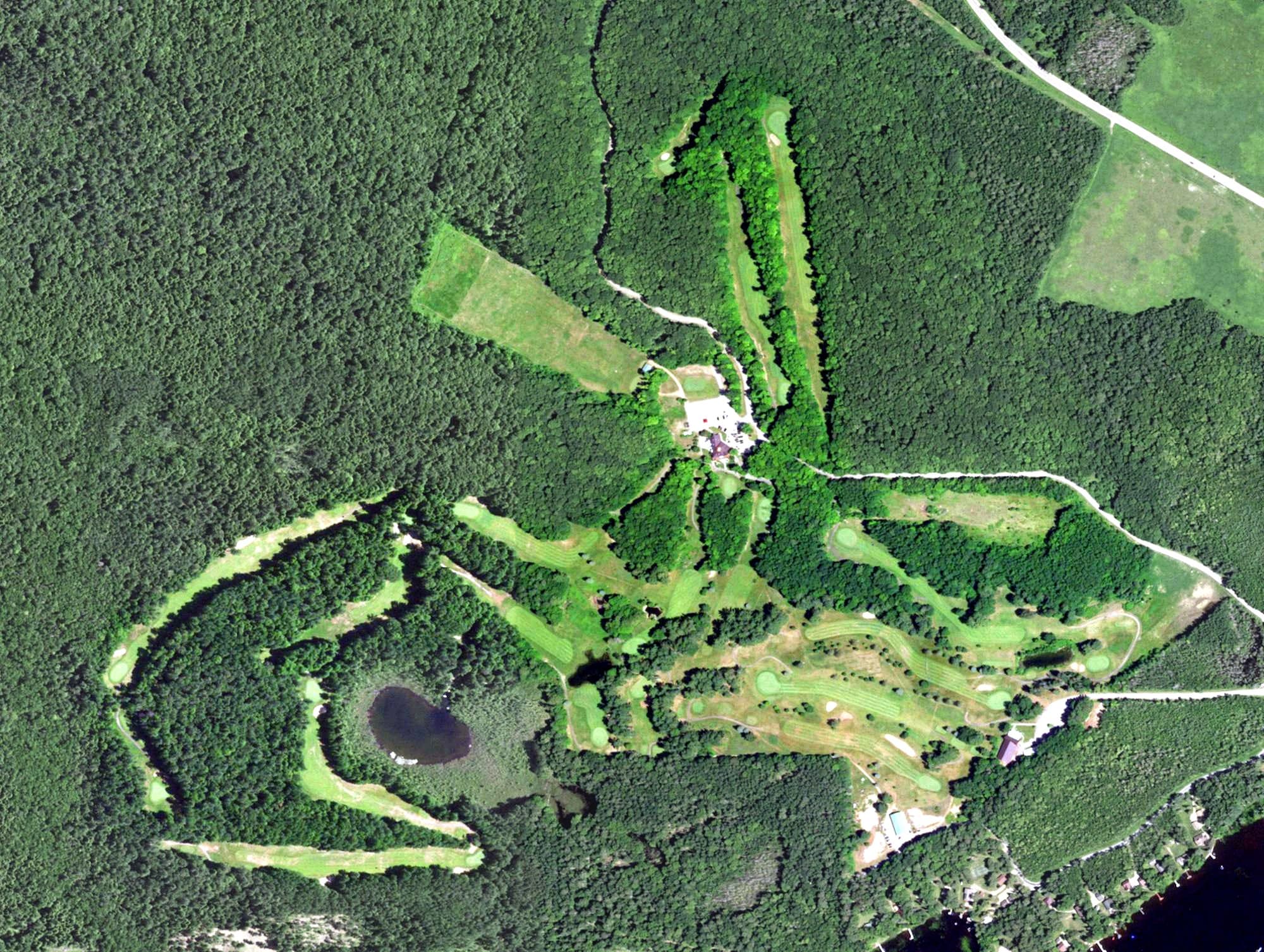 Aerial view of Pine Hills Golf Club, WI, with its hole routing marked