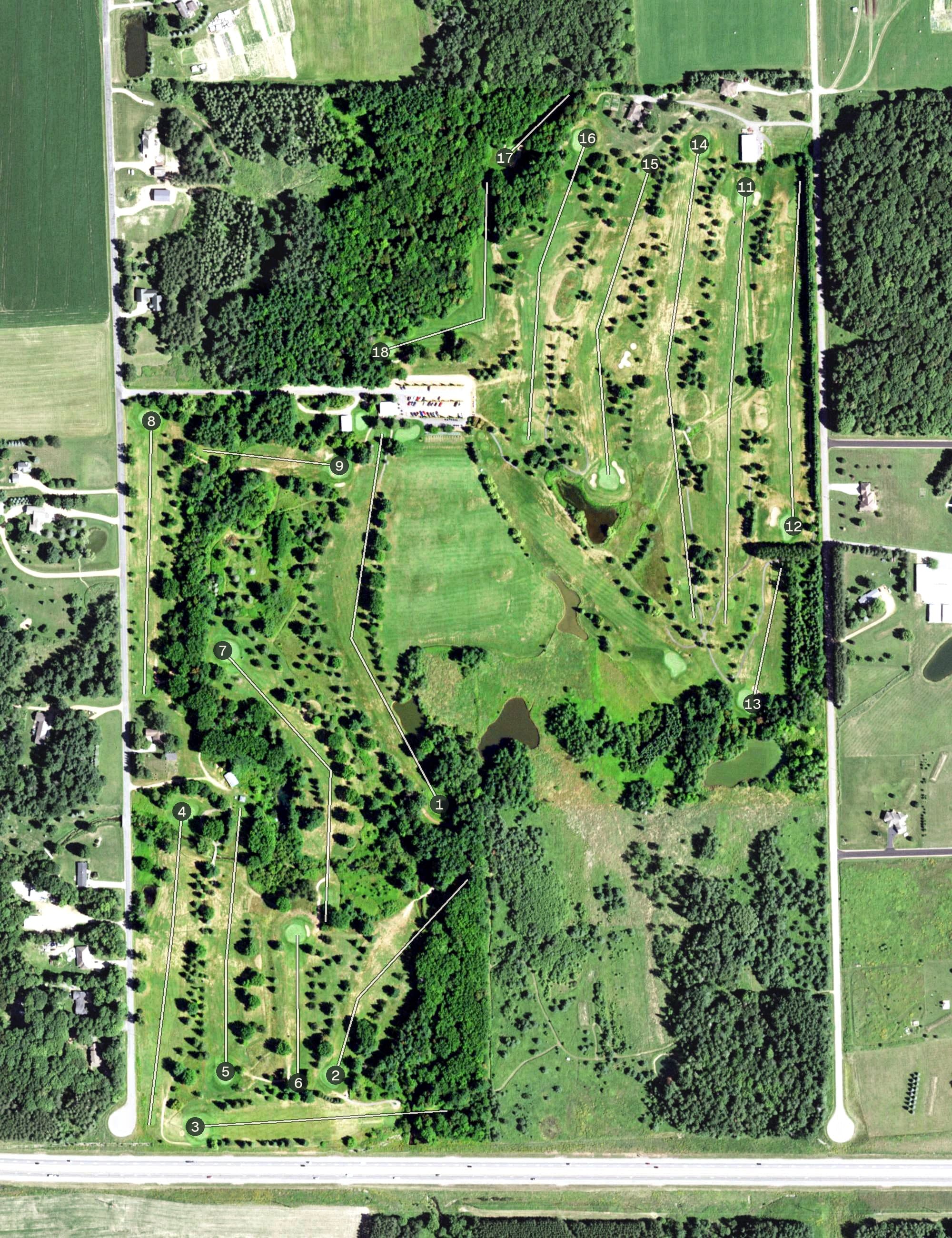 Aerial view of Pine Valley Golf Course, WI, with its hole routing marked
