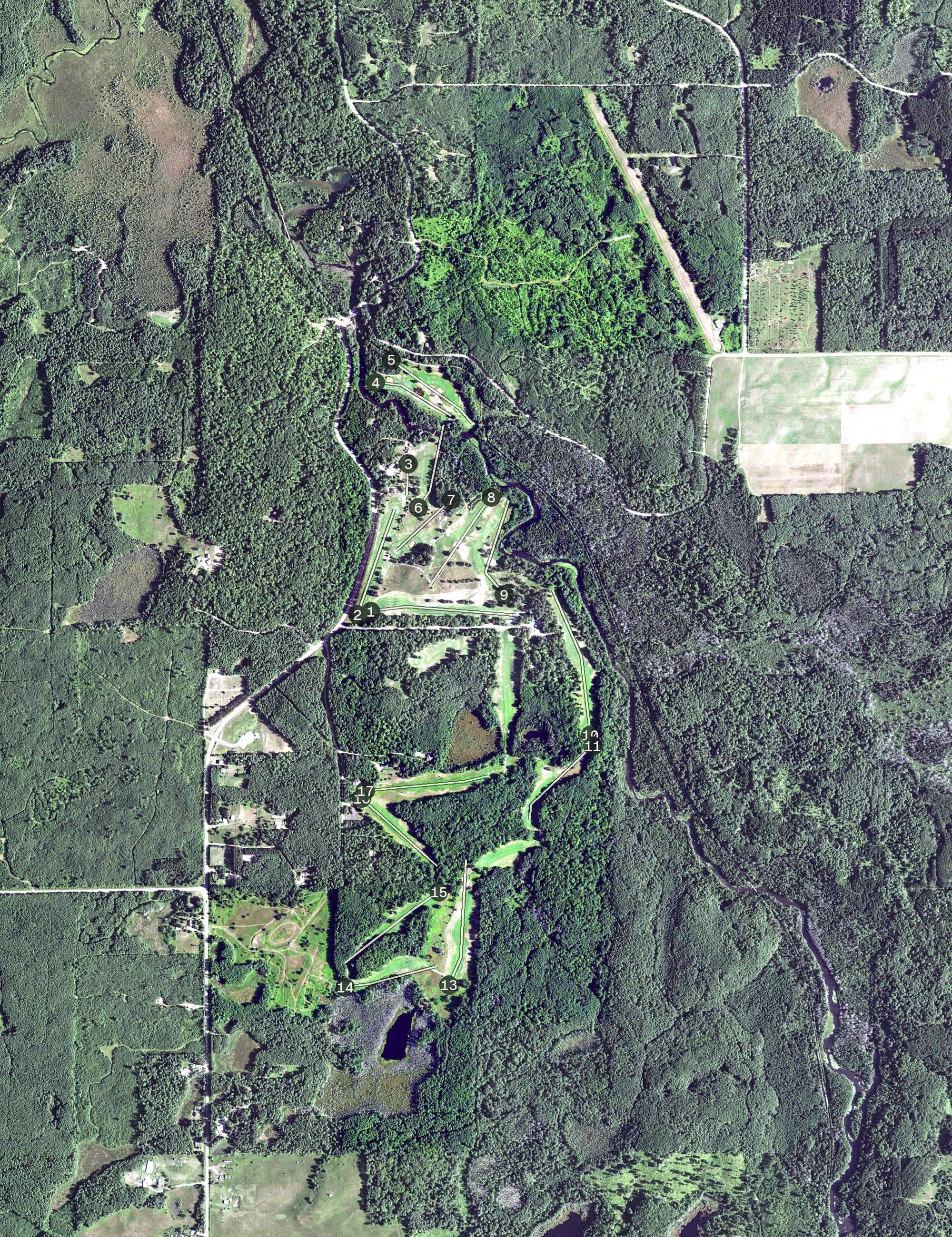 Aerial view of Pinewood Country Club, WI, with its hole routing marked