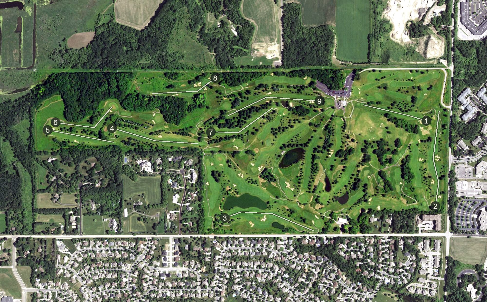 Aerial view of Pleasant View Golf Course, WI, with its hole routing marked