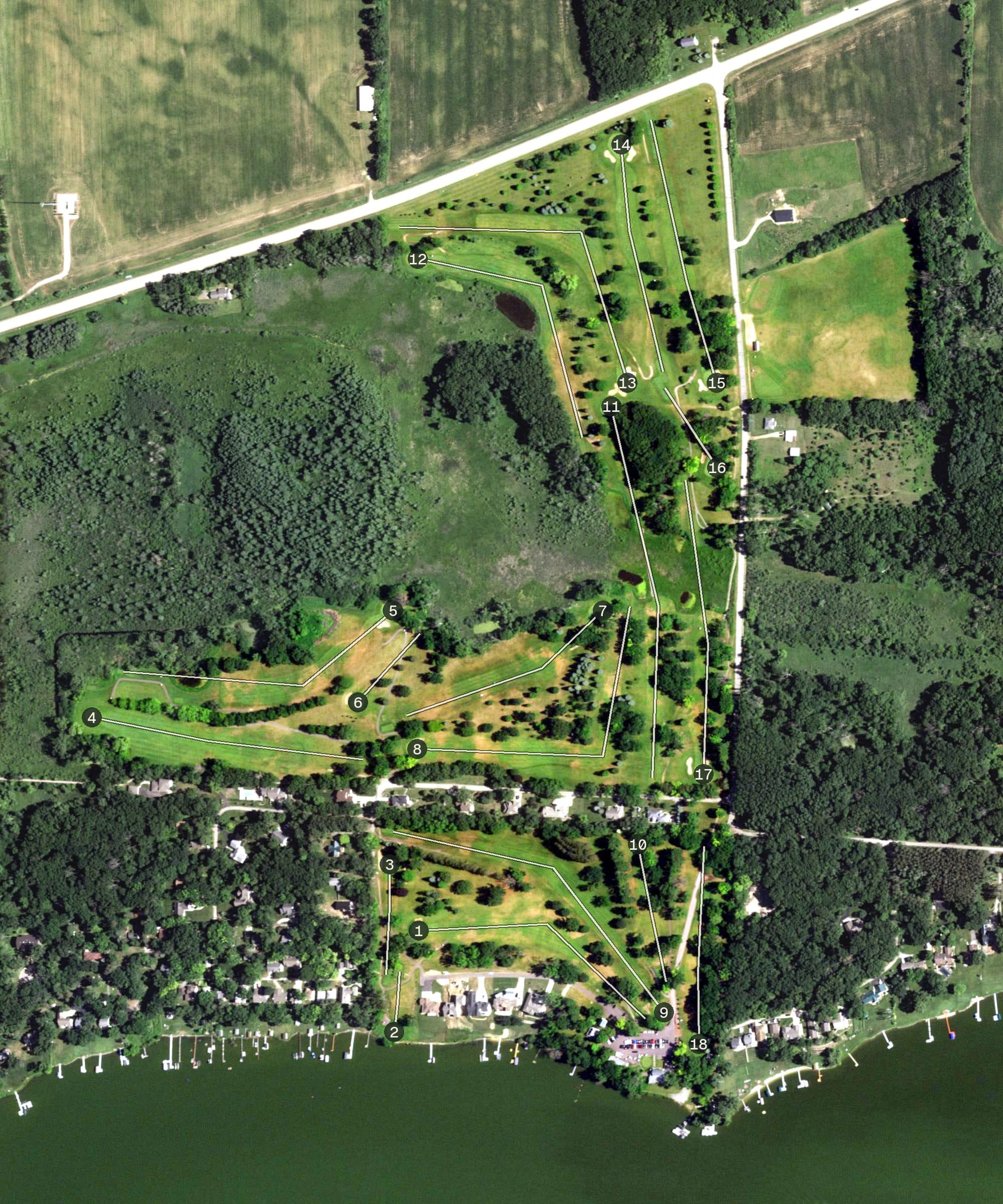 Aerial view of Portage Golf Club, WI, with its hole routing marked