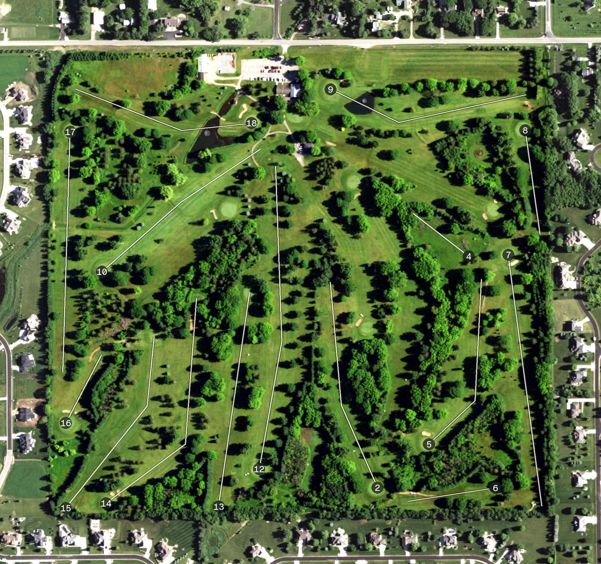 Aerial view of Prairie Pines Golf Course, WI, with its hole routing marked