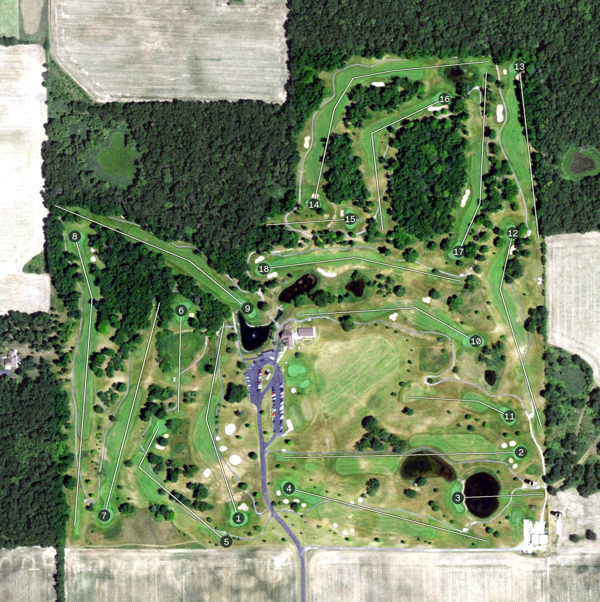 Aerial view of Prairie Woods Golf Course, WI, with its hole routing marked