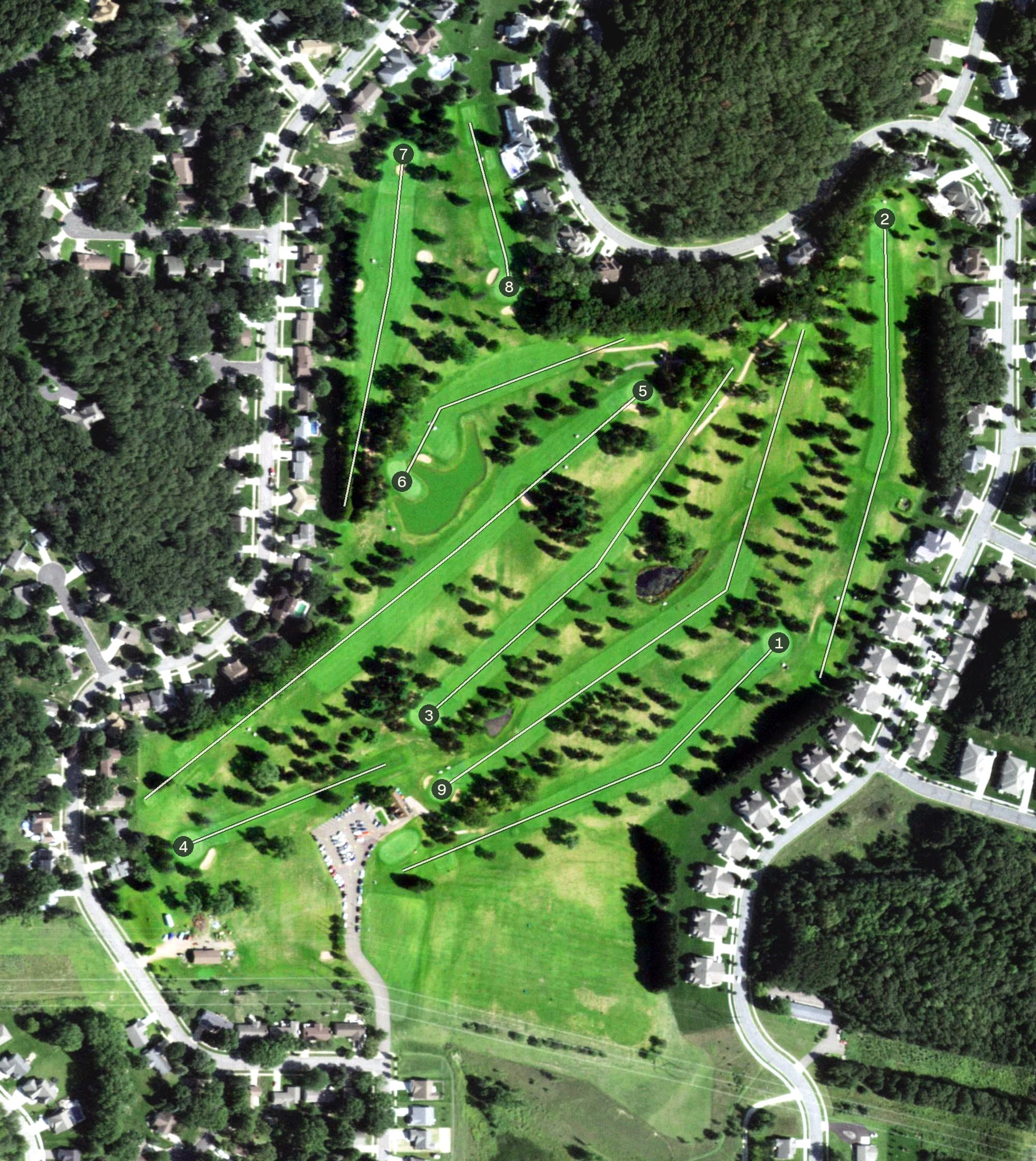 Aerial view of Princeton Valley Golf Course, WI, with its hole routing marked