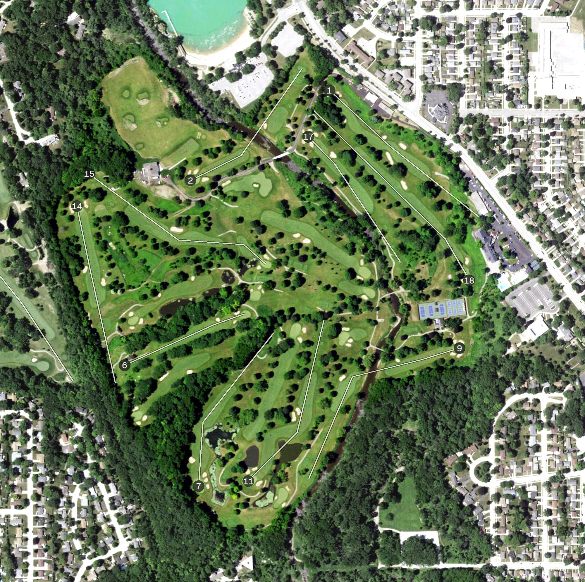 Aerial view of Racine Country Club, WI, with its hole routing marked