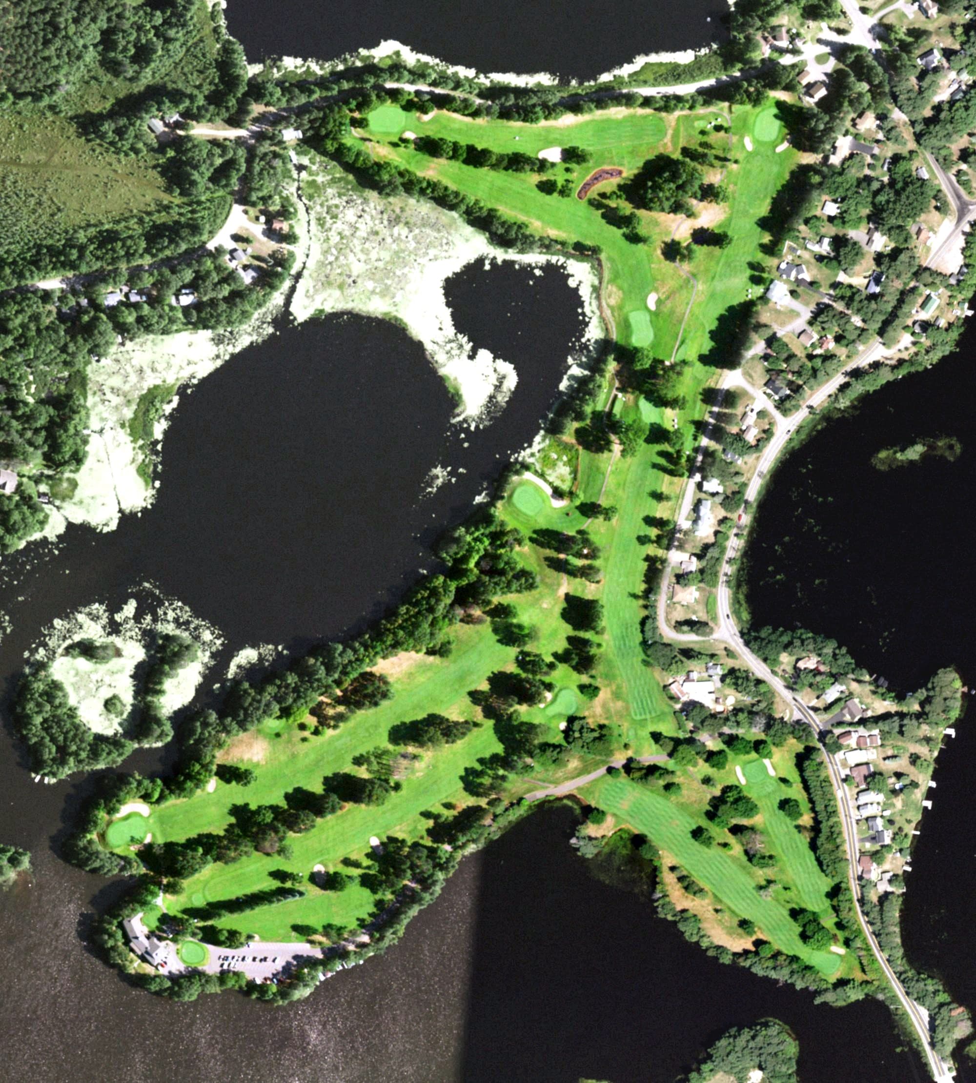 Aerial view of Rhinelander Country Club, WI, with its hole routing marked