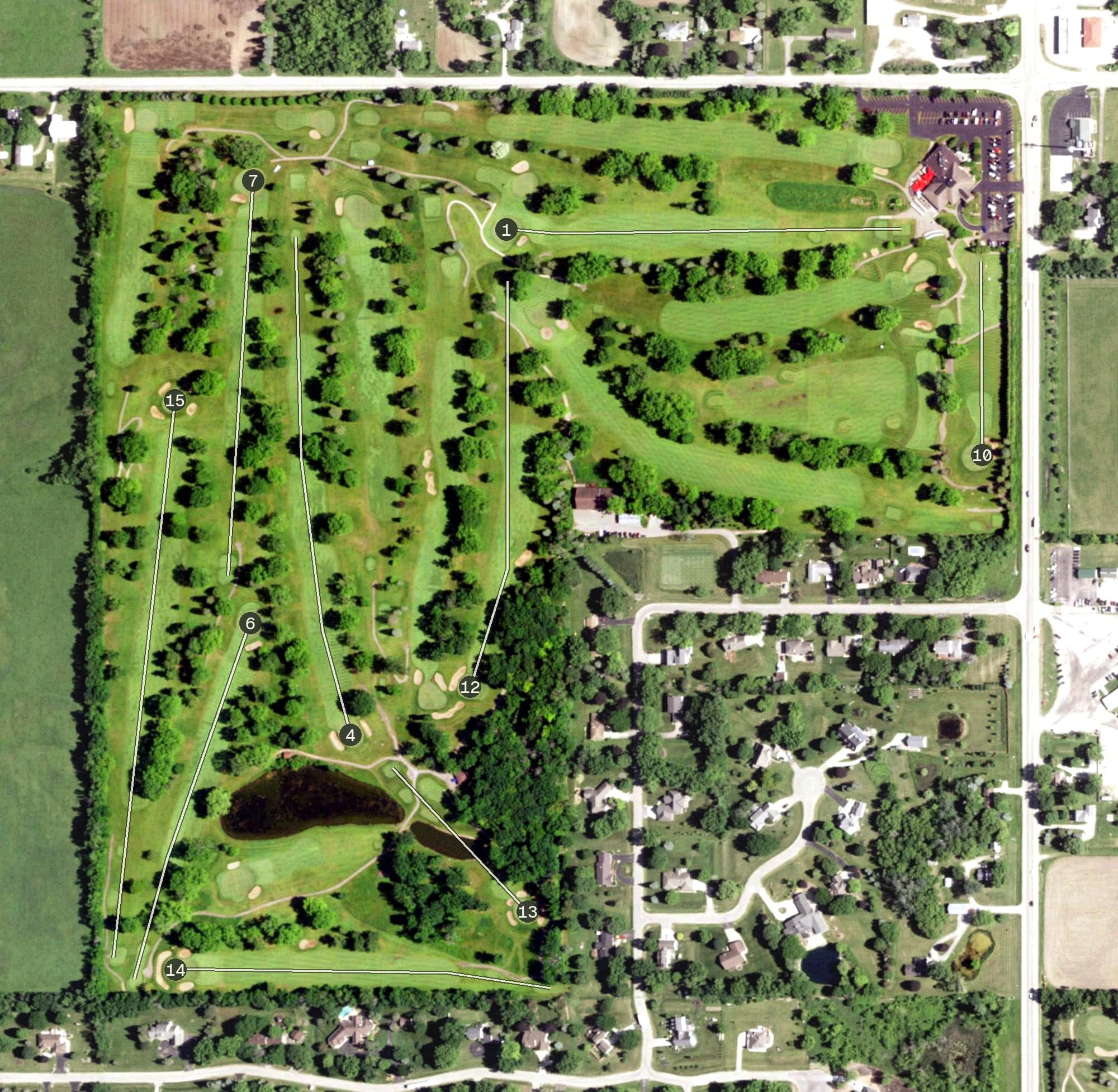 Aerial view of Ridgeway Country Club, WI, with its hole routing marked