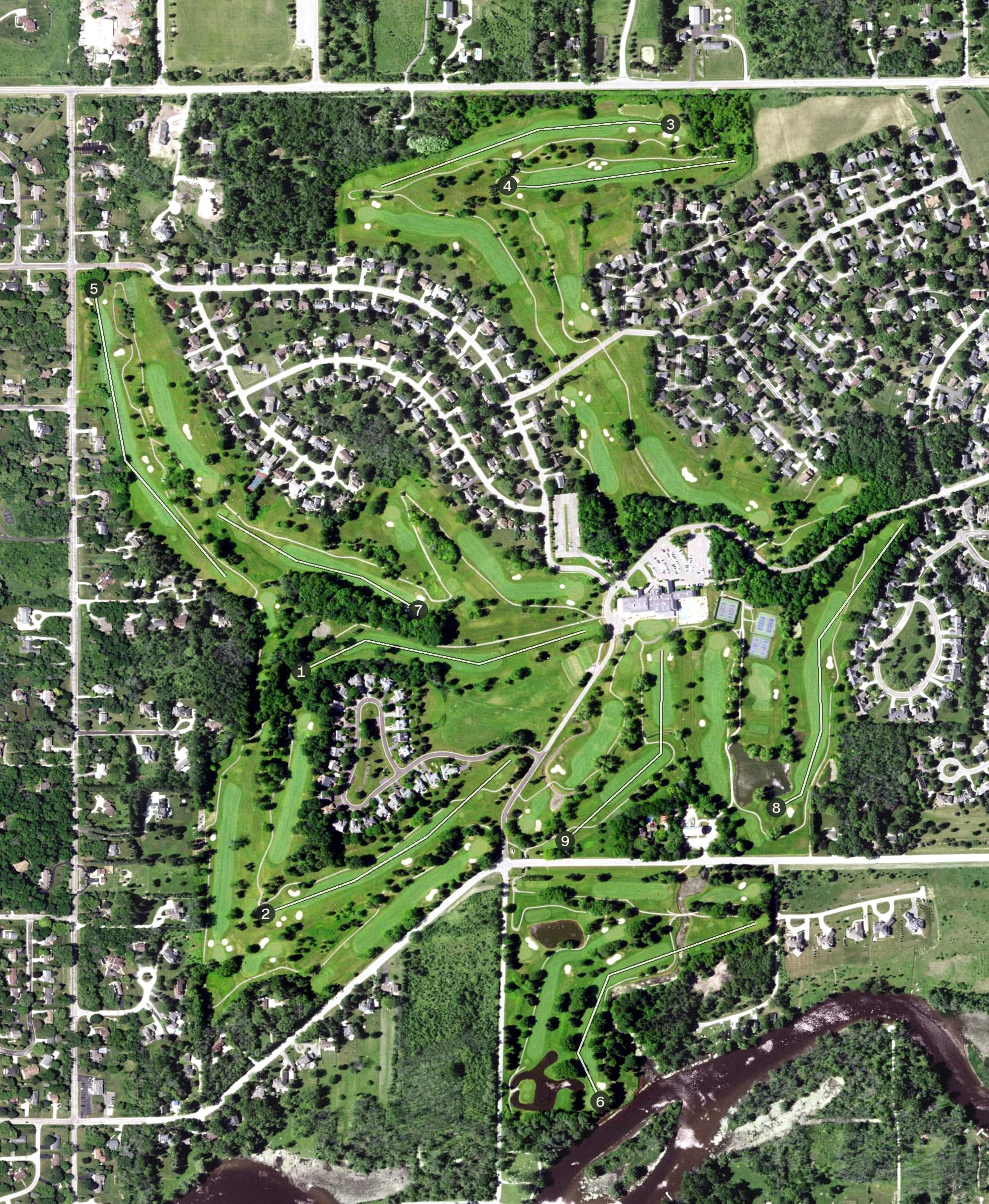 Aerial view of River Club of Mequon, WI, with its hole routing marked