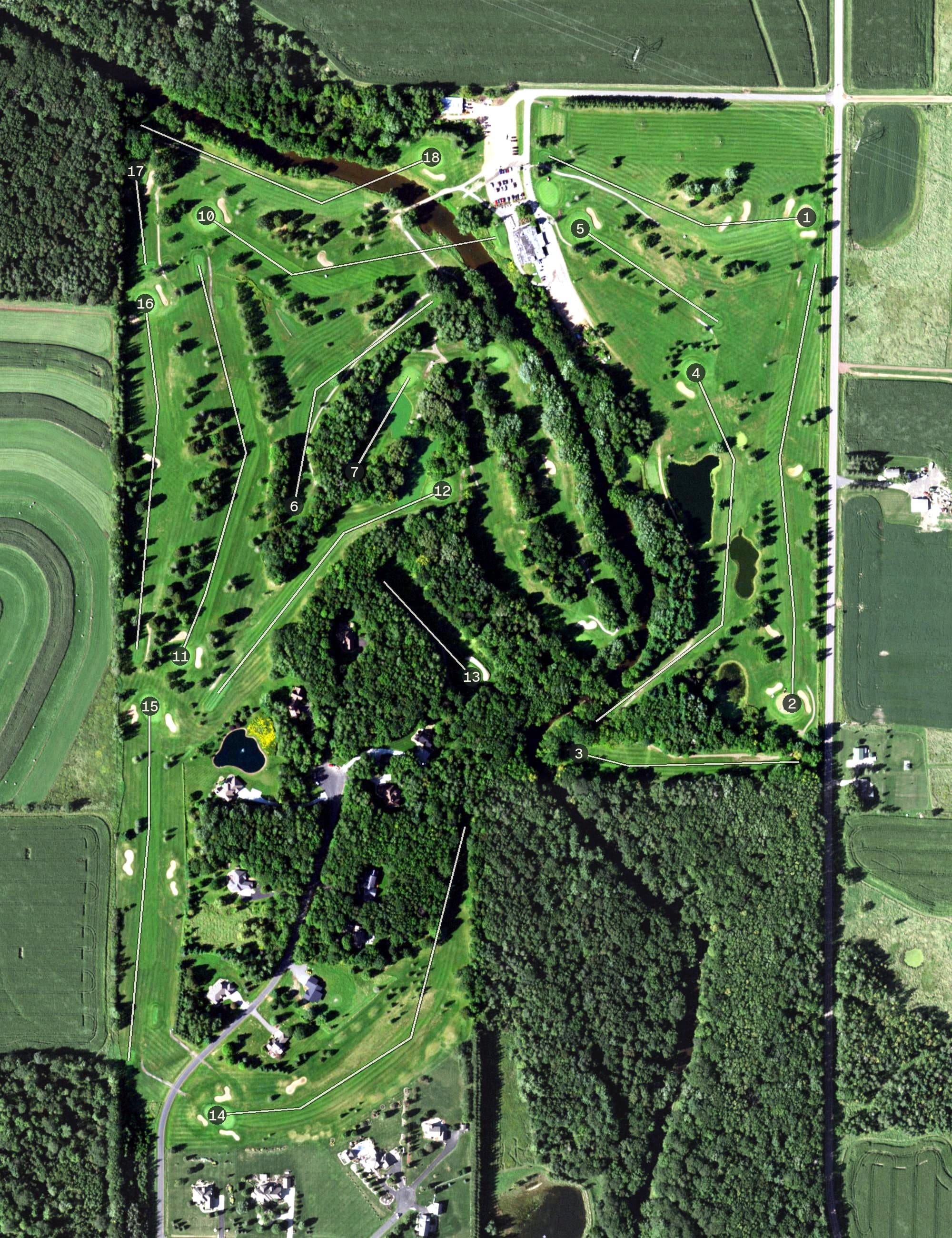 Aerial view of River Edge Golf Course, WI, with its hole routing marked